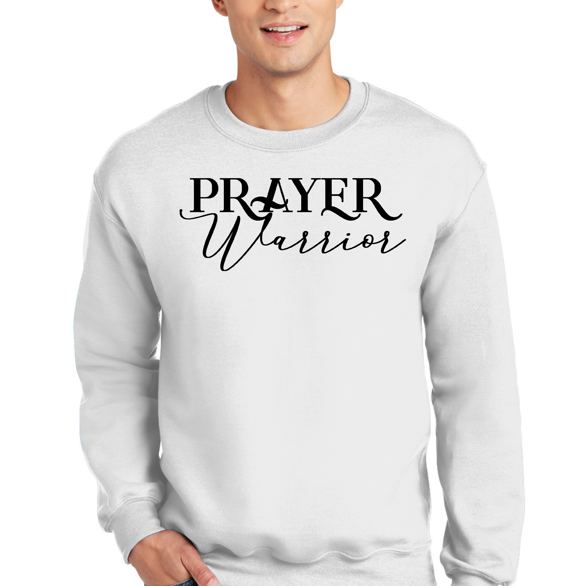Men's Graphic Sweatshirt featuring Prayer Warrior script style illustration, showcasing soft fabric and unisex fit.