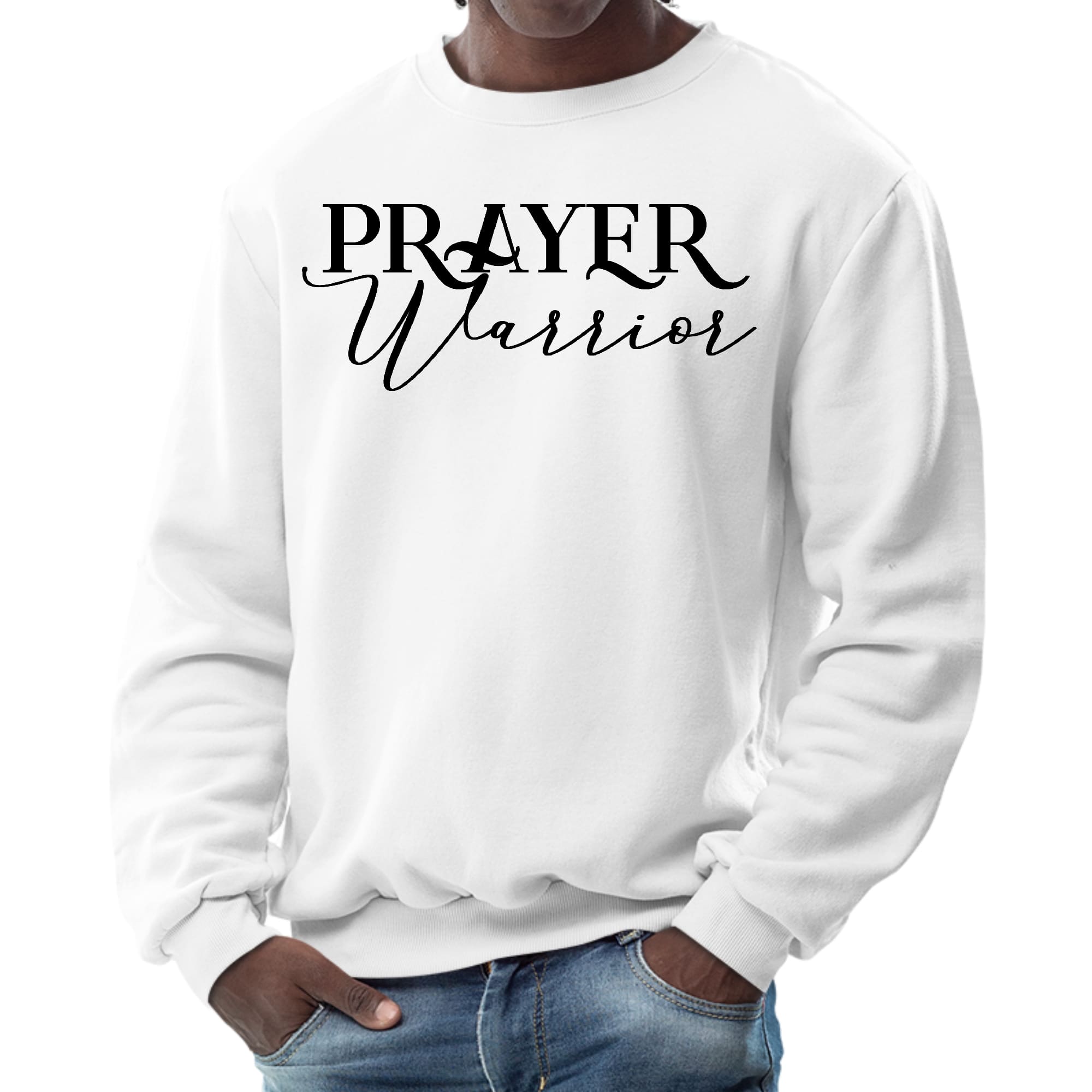 Men's Graphic Sweatshirt featuring Prayer Warrior script style illustration, showcasing soft fabric and unisex fit.