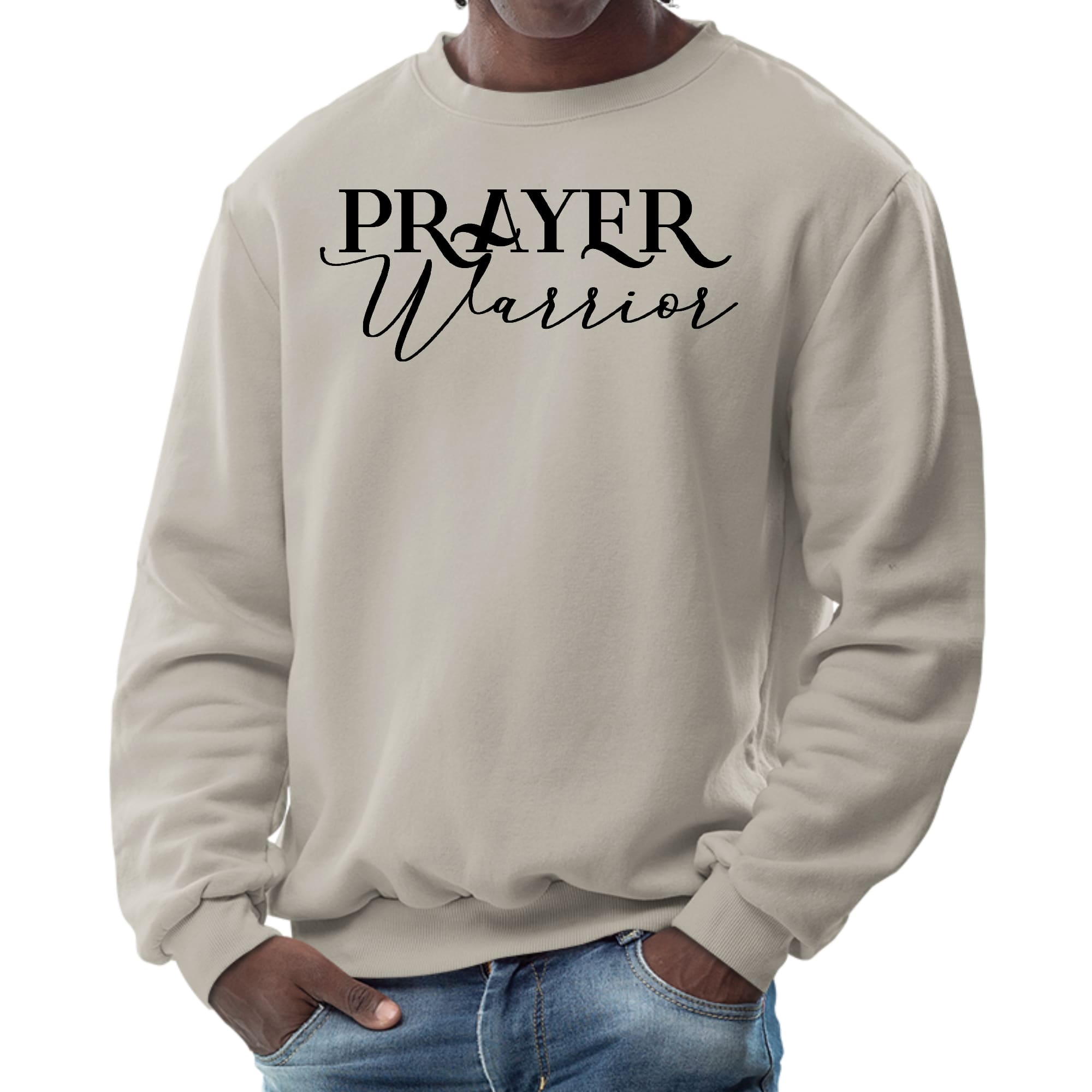 Men's Graphic Sweatshirt featuring Prayer Warrior script style illustration, showcasing soft fabric and unisex fit.
