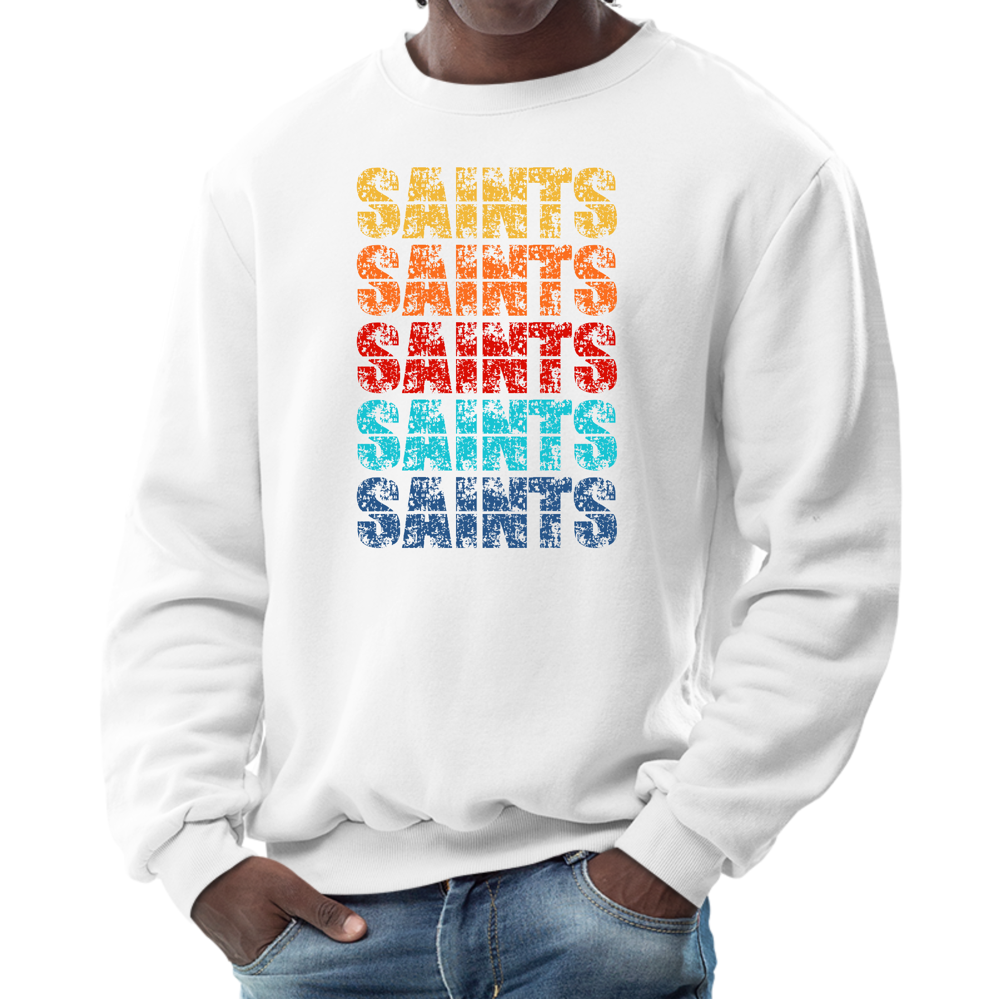 Men's graphic sweatshirt featuring a colorful Saints art illustration, perfect for casual wear and comfort.