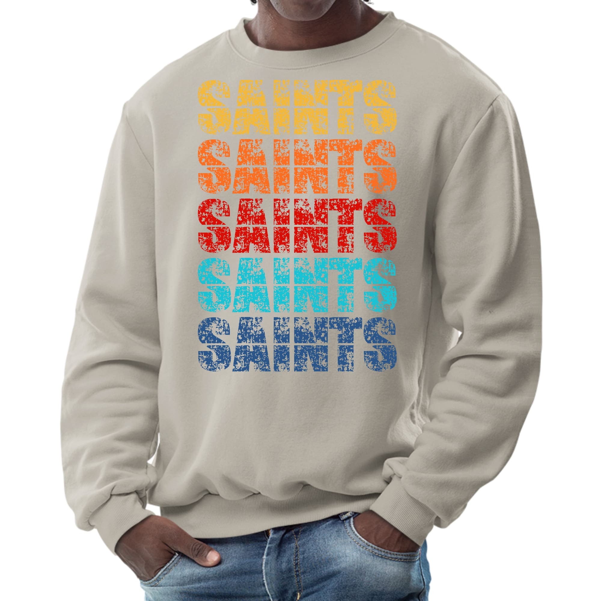 Men's graphic sweatshirt featuring a colorful Saints art illustration, perfect for casual wear and comfort.