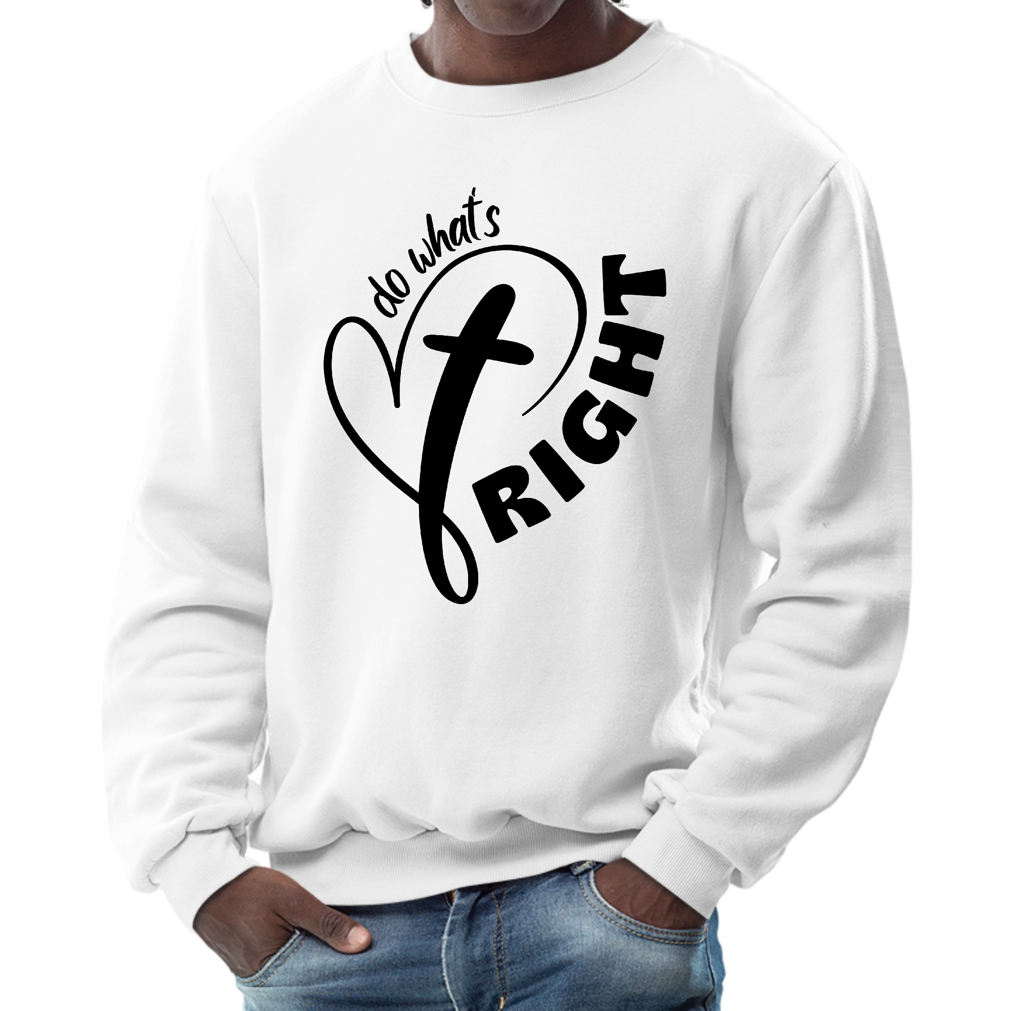 Mens Graphic Sweatshirt in black featuring 'Do What's Right' illustration, showcasing a cozy fleece design and stylish crewneck.