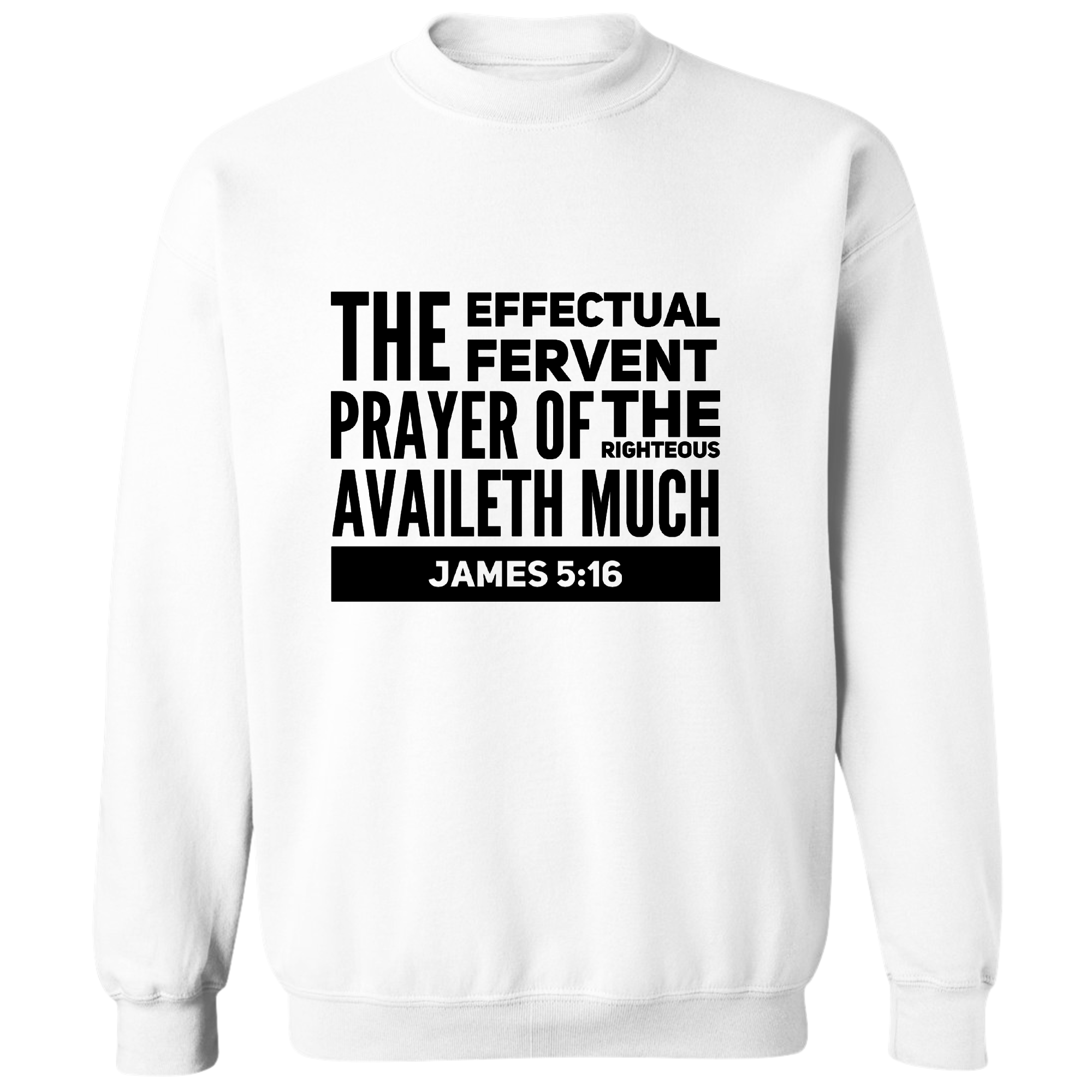 Mens Graphic Sweatshirt with Effectual Fervent Prayer print, showcasing a stylish black illustration on a comfortable crewneck design.
