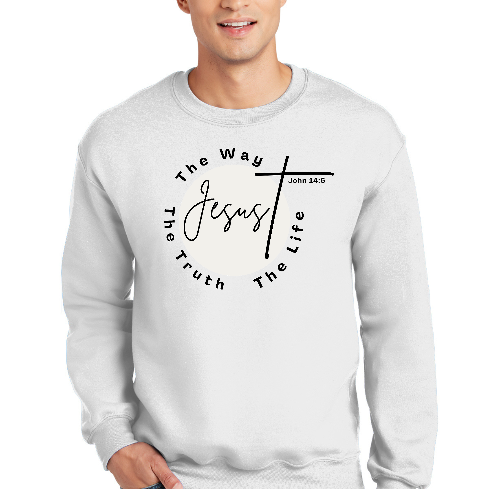 Men's black graphic sweatshirt featuring 'The Truth The Way The Life' Christian affirmation, designed for comfort and durability.