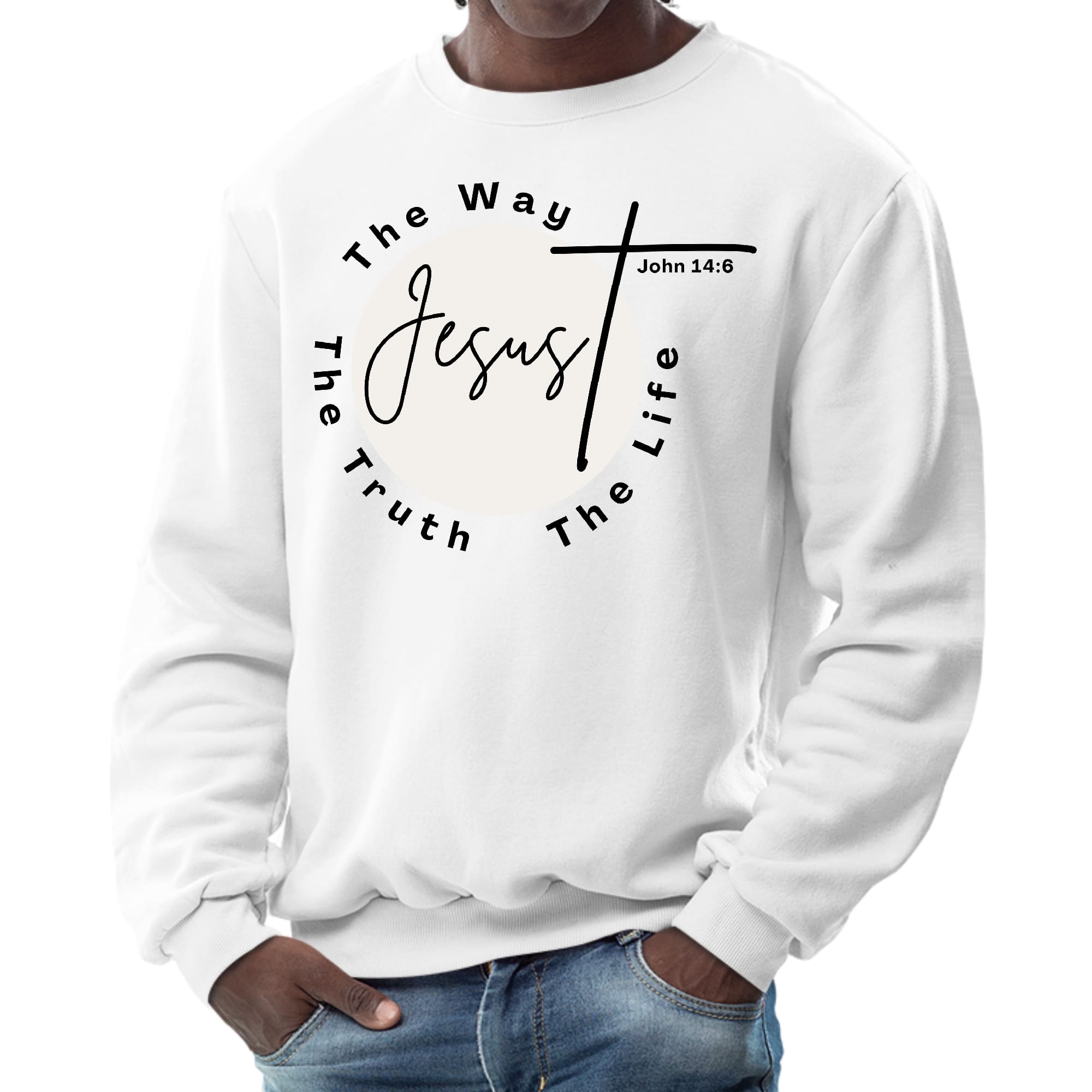 Men's black graphic sweatshirt featuring 'The Truth The Way The Life' Christian affirmation, designed for comfort and durability.