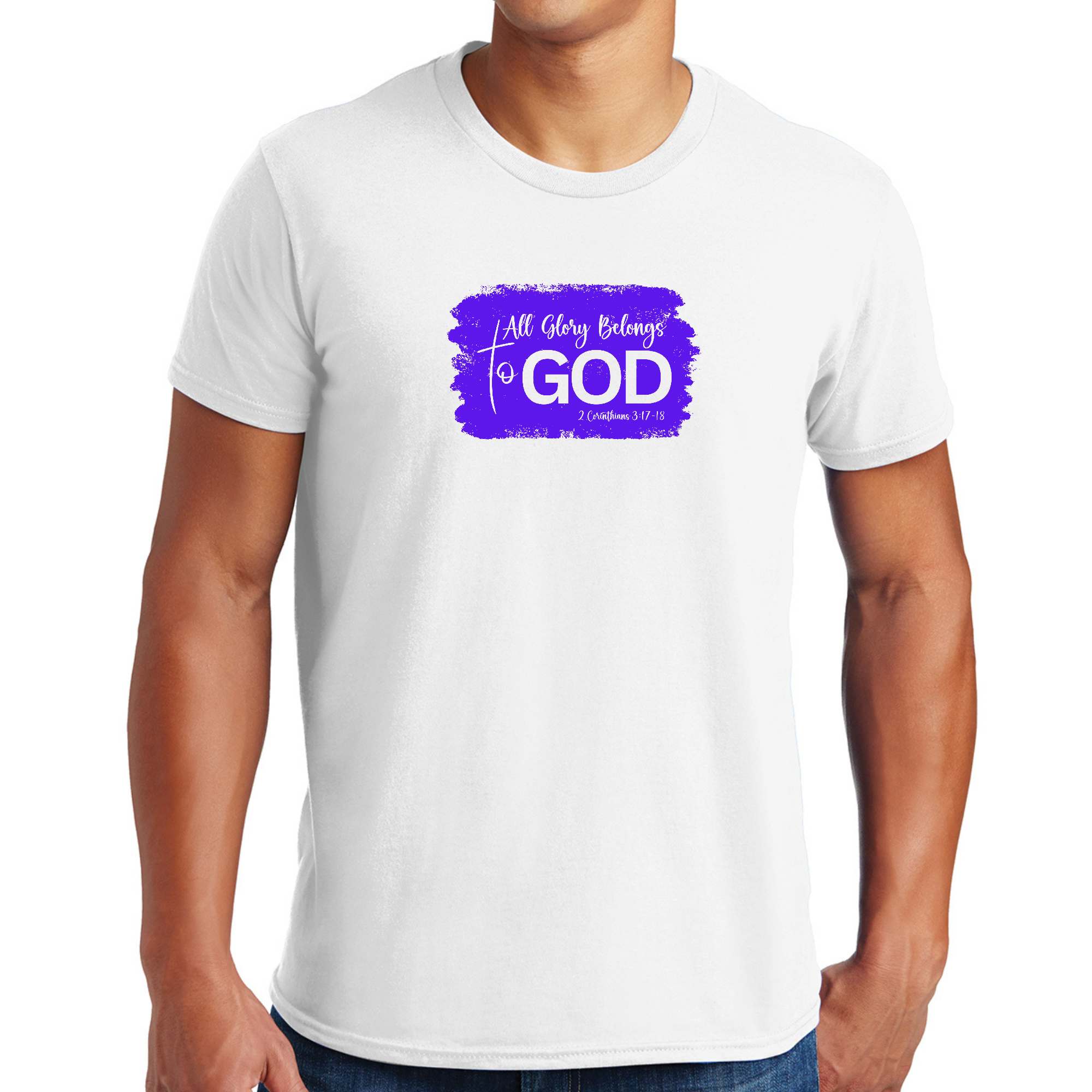 Men's Graphic T-shirt with 'All Glory Belongs to God' Christian illustration in purple, made from soft preshrunk cotton.