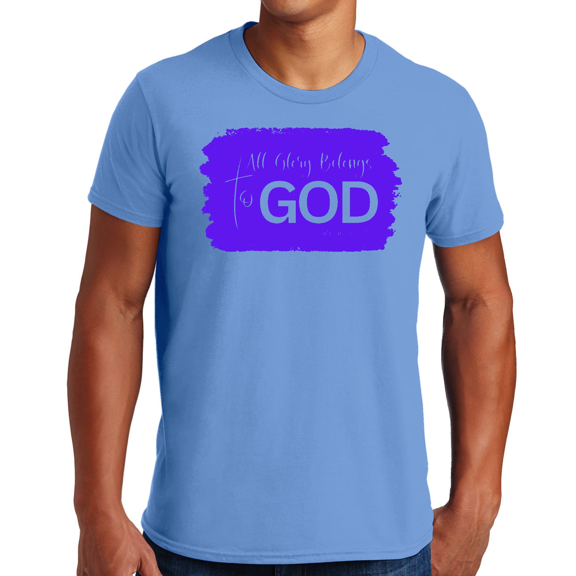 Men's Graphic T-shirt with 'All Glory Belongs to God' Christian illustration in purple, made from soft preshrunk cotton.