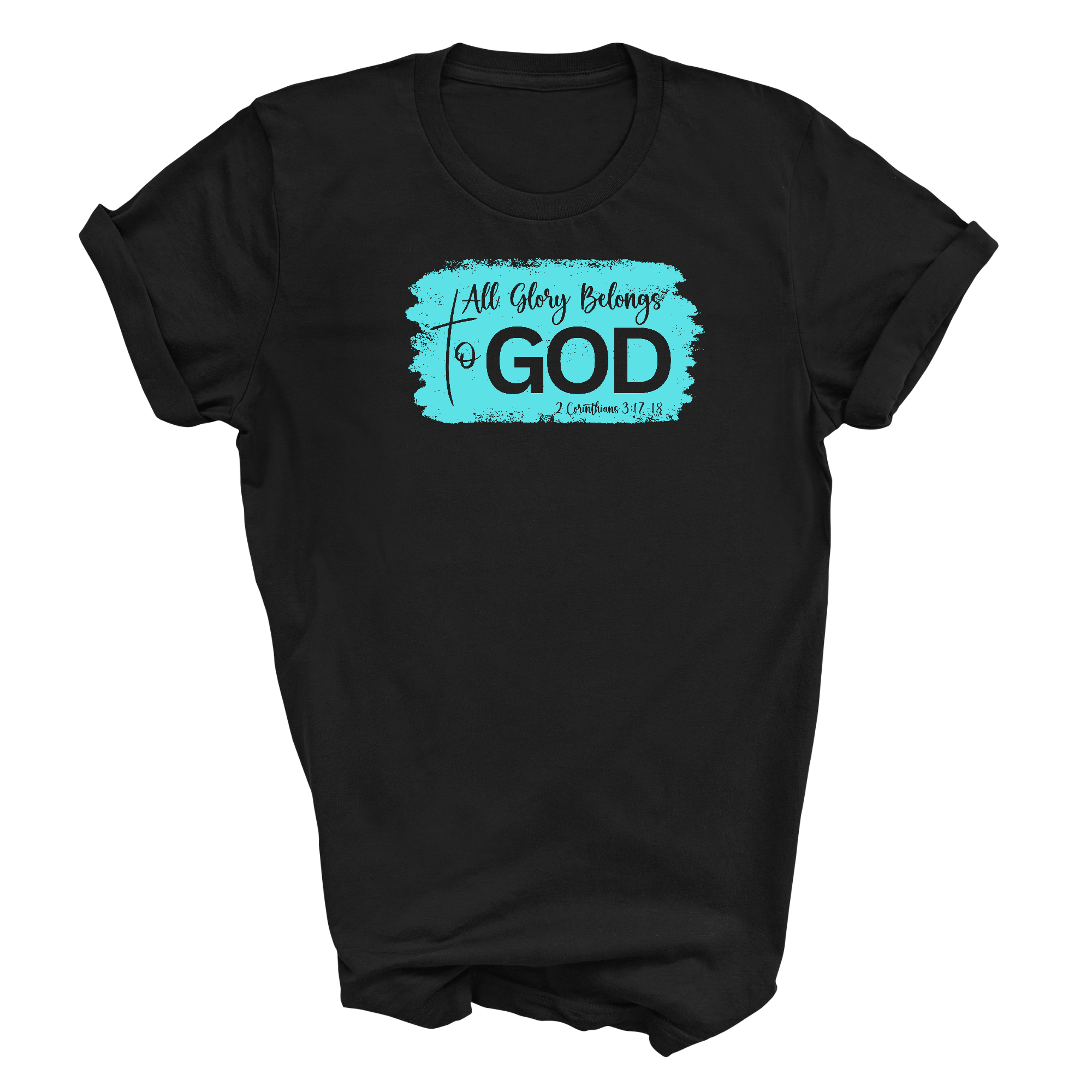 Men's black graphic t-shirt featuring 'All Glory Belongs to God' Christian illustration in cyan, made from soft preshrunk cotton.