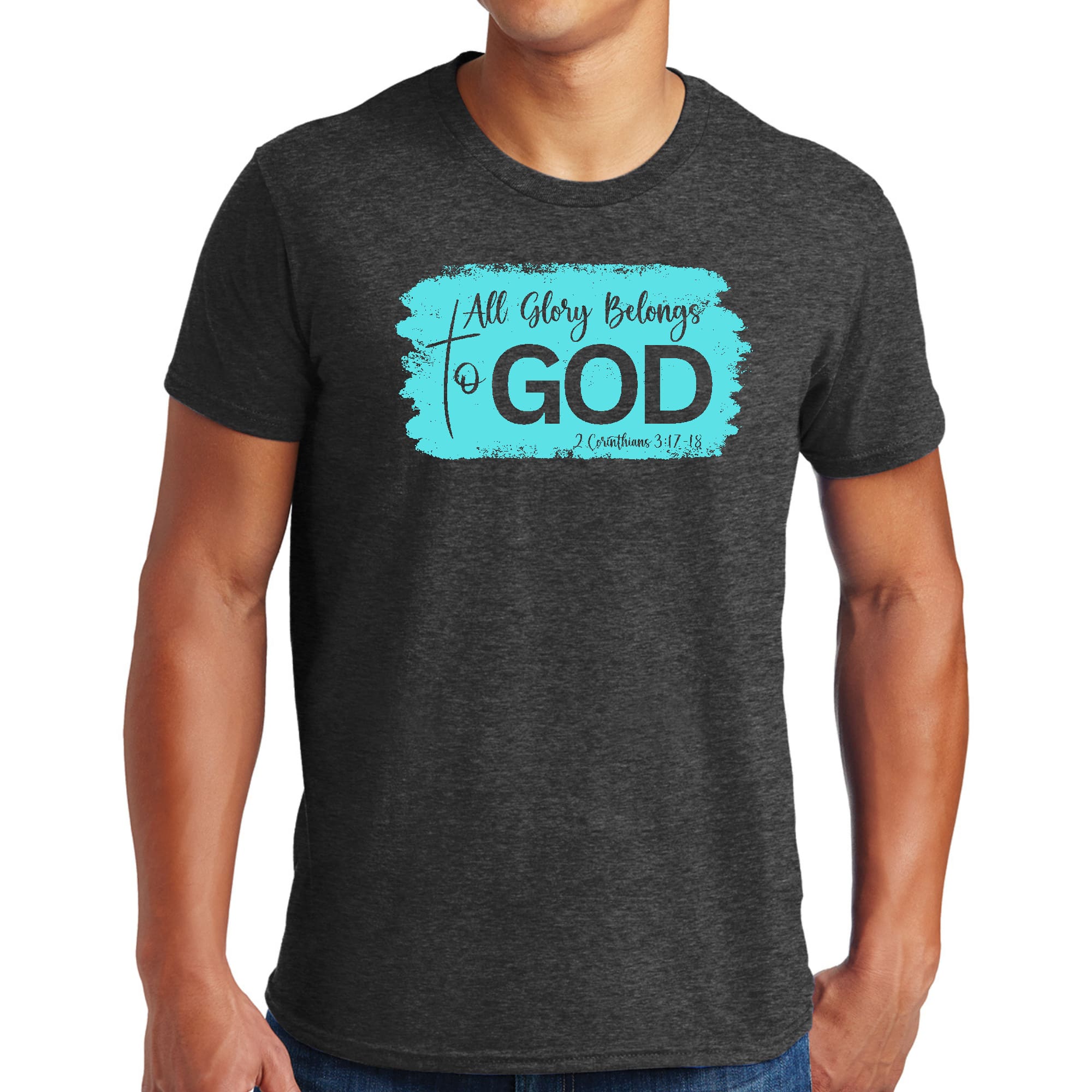 Men's black graphic t-shirt featuring 'All Glory Belongs to God' Christian illustration in cyan, made from soft preshrunk cotton.