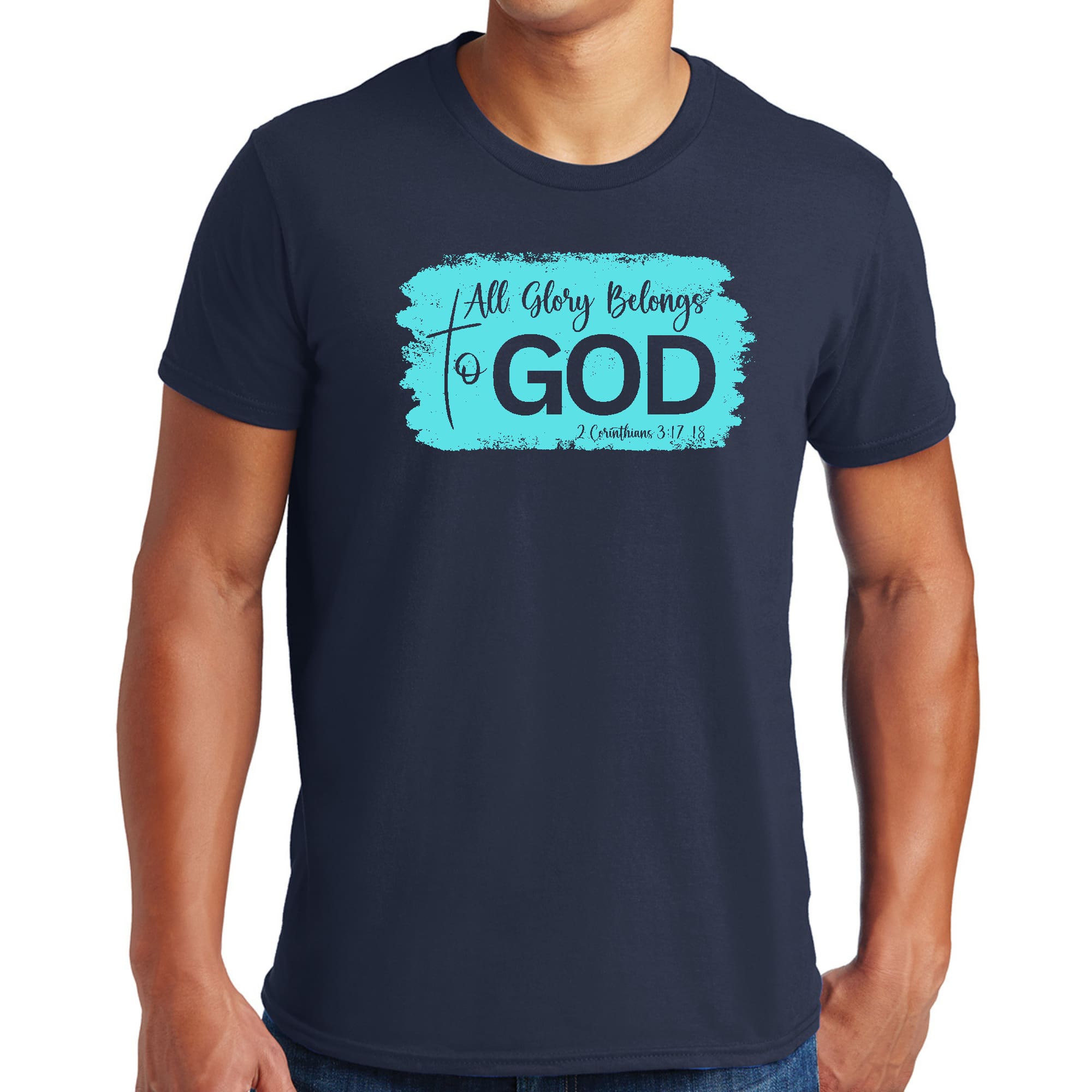 Men's black graphic t-shirt featuring 'All Glory Belongs to God' Christian illustration in cyan, made from soft preshrunk cotton.