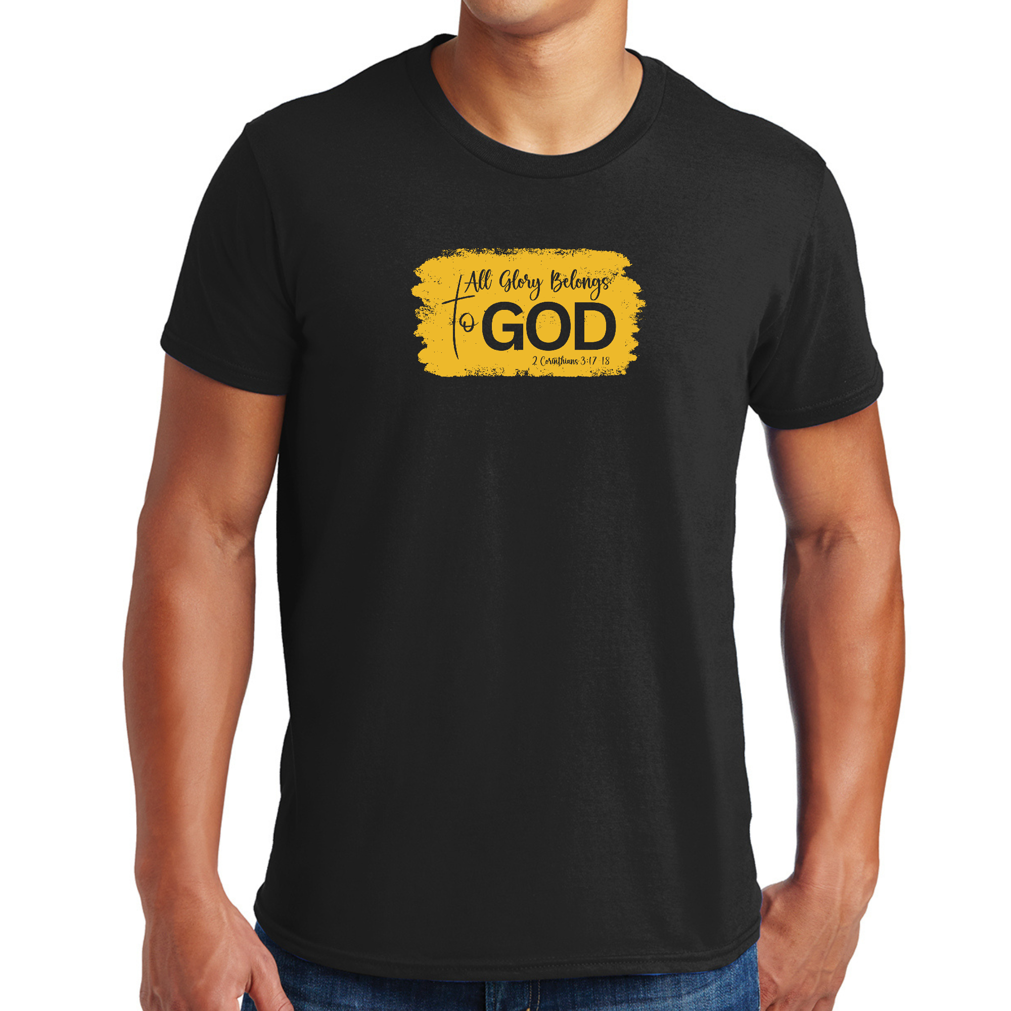 Men's golden yellow graphic t-shirt featuring 'All Glory Belongs to God' illustration, showcasing a modern and stylish design.