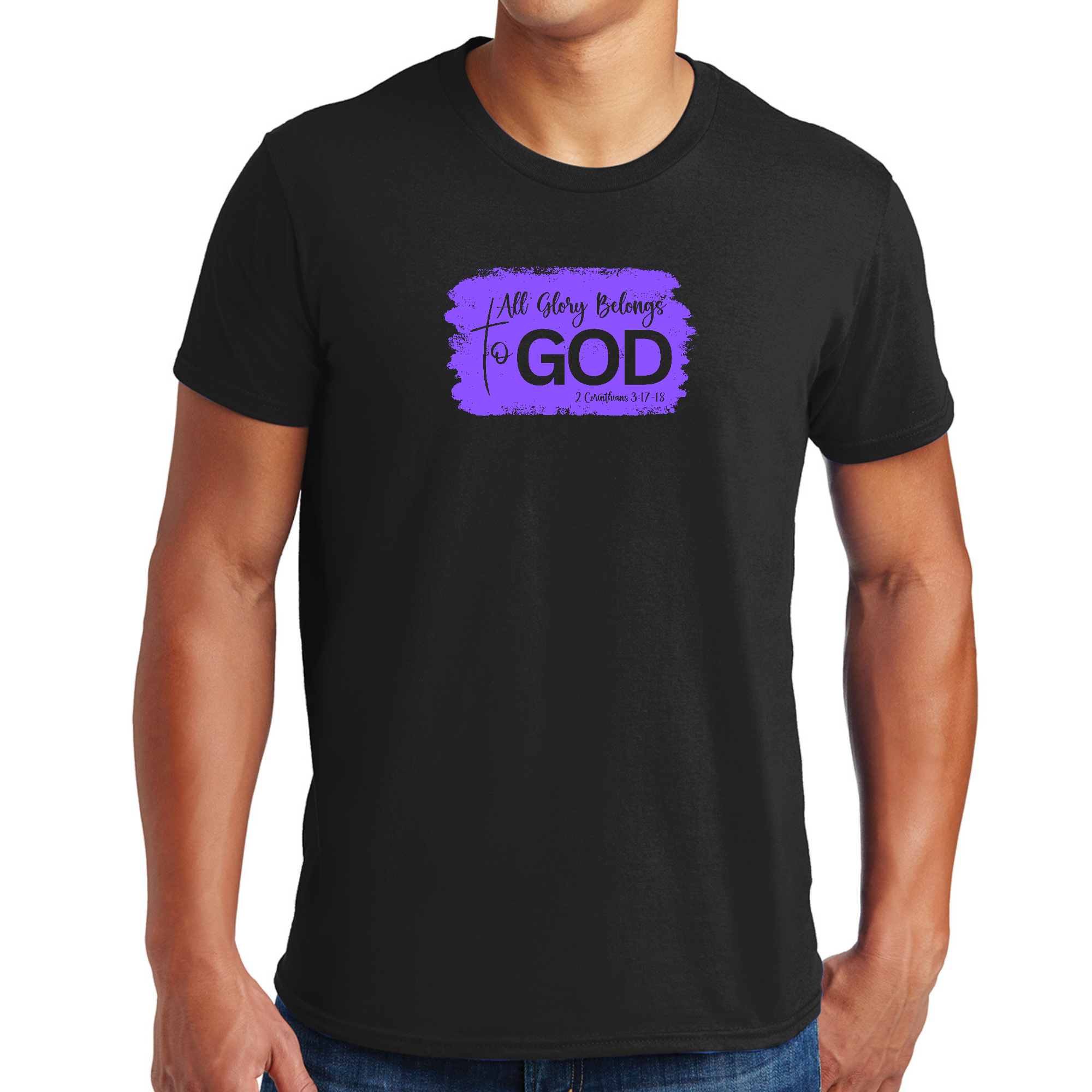 Men's lavender graphic t-shirt featuring 'All Glory Belongs to God' design, made from soft preshrunk cotton.