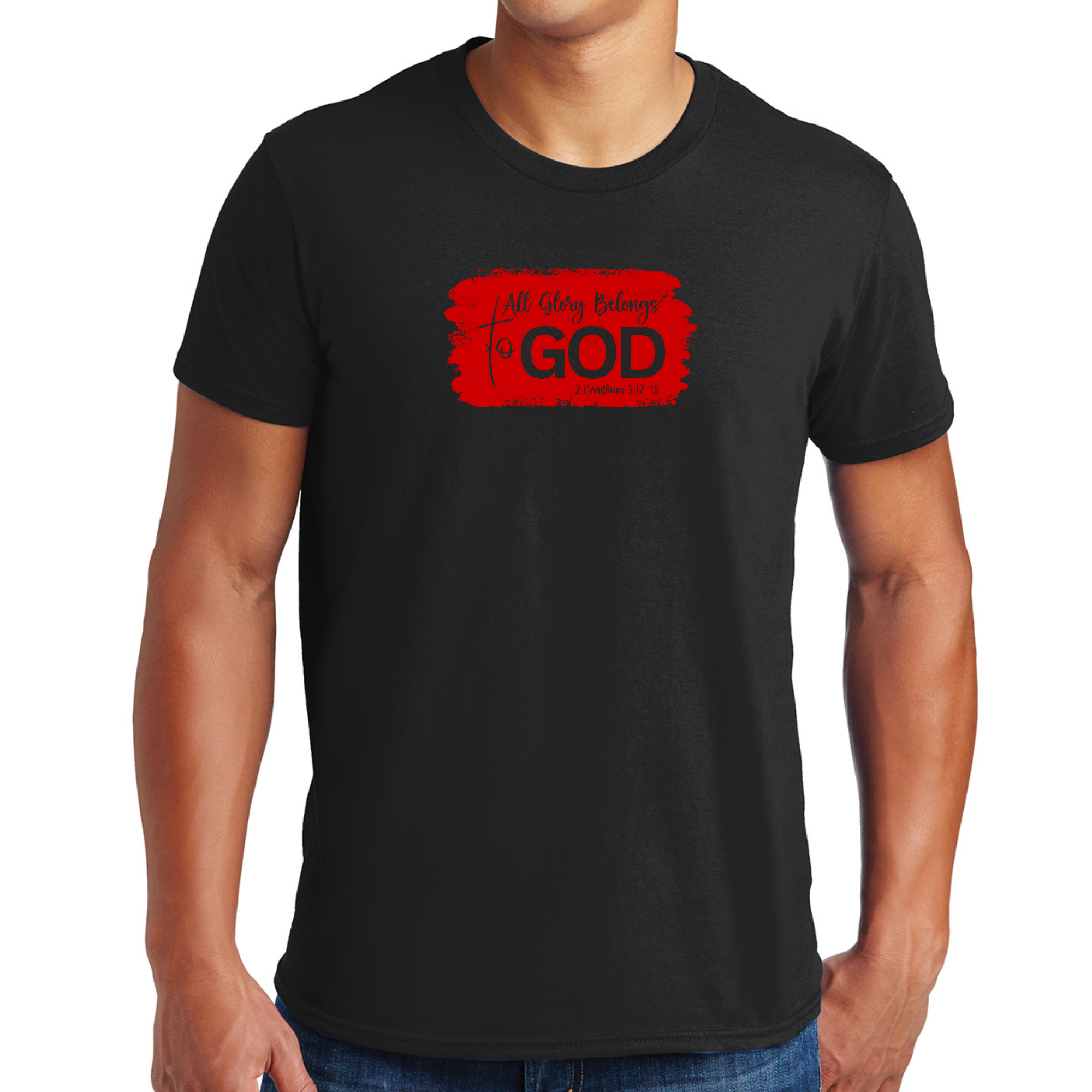 Men's red graphic t-shirt with 'All Glory Belongs to God' design, showcasing vibrant colors and artistic lettering.