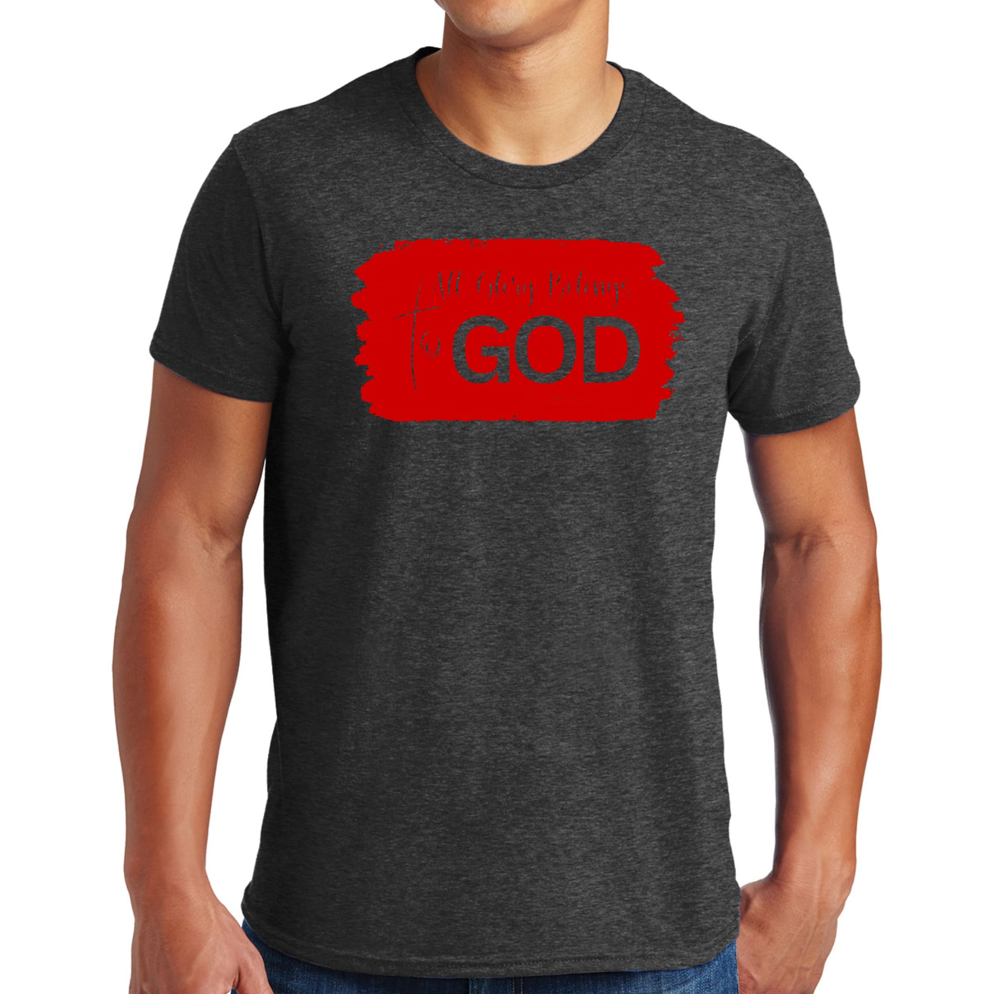 Men's red graphic t-shirt with 'All Glory Belongs to God' design, showcasing vibrant colors and artistic lettering.