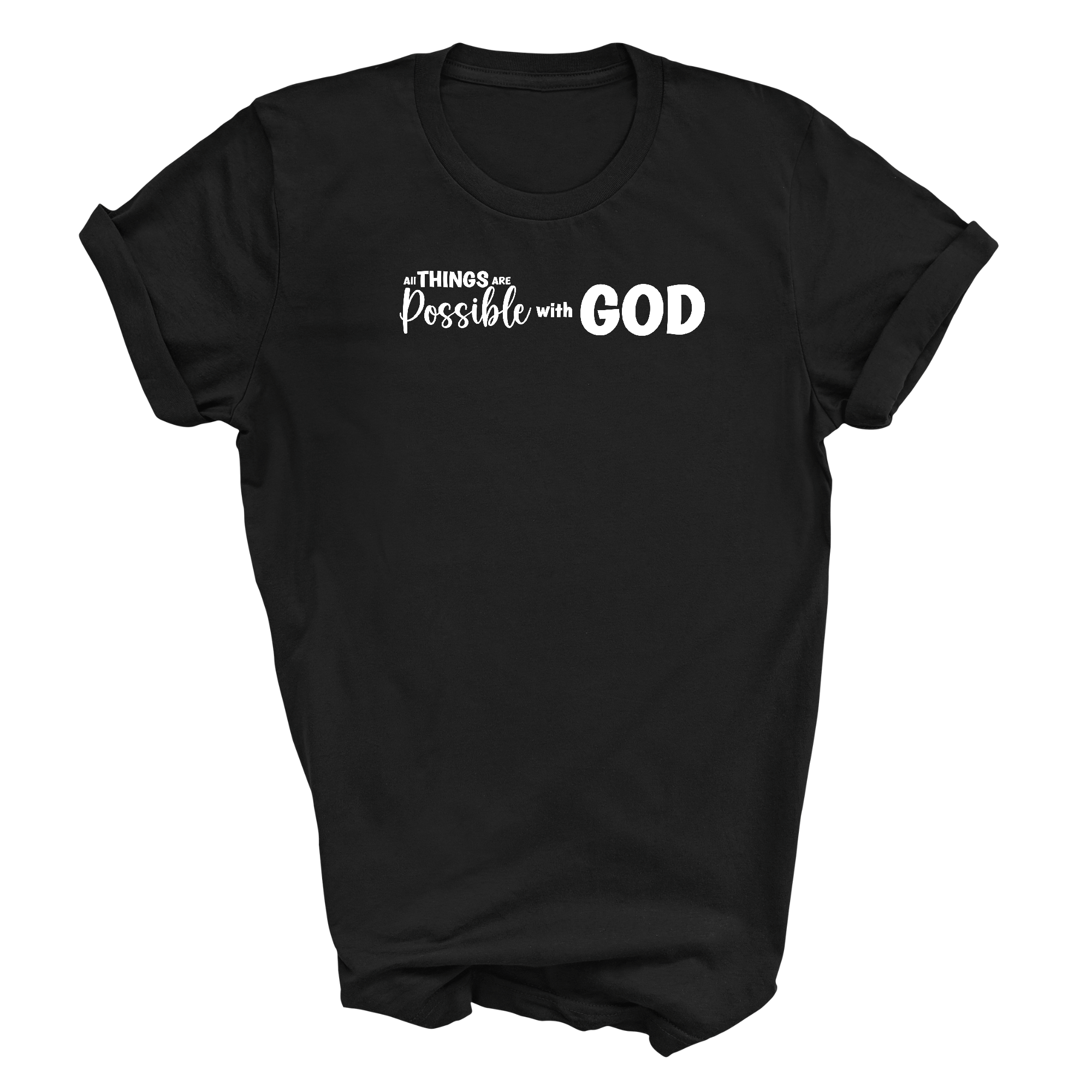 Men's black graphic T-shirt with the text 'All Things Are Possible With God' printed on it, showcasing a classic crewneck design.