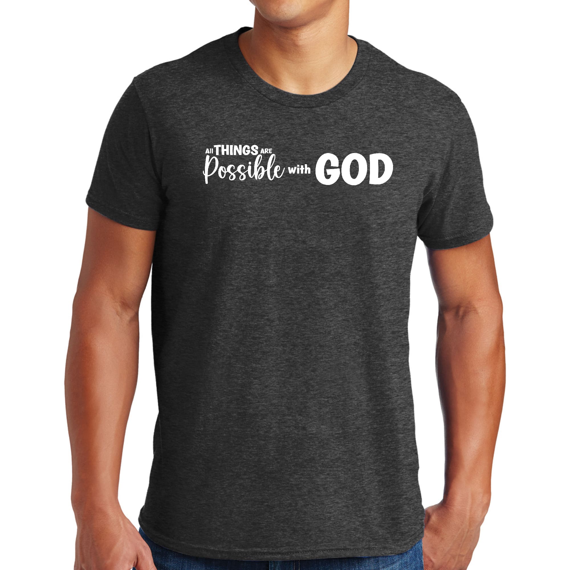 Men's black graphic T-shirt with the text 'All Things Are Possible With God' printed on it, showcasing a classic crewneck design.