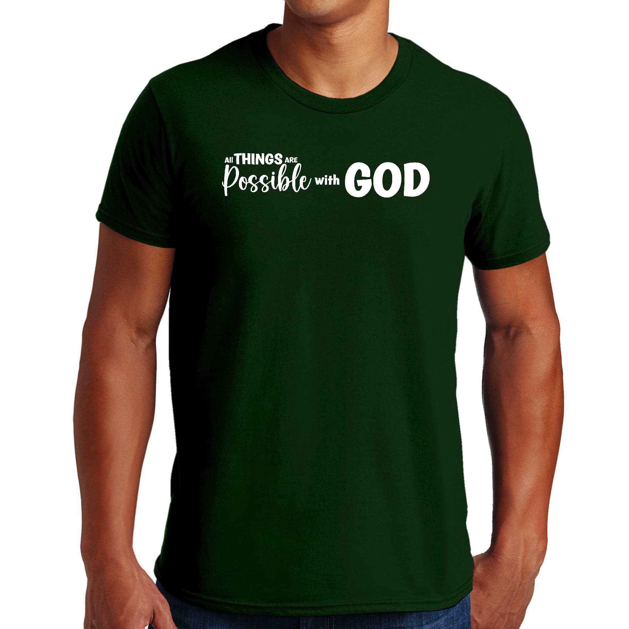 Men's black graphic T-shirt with the text 'All Things Are Possible With God' printed on it, showcasing a classic crewneck design.