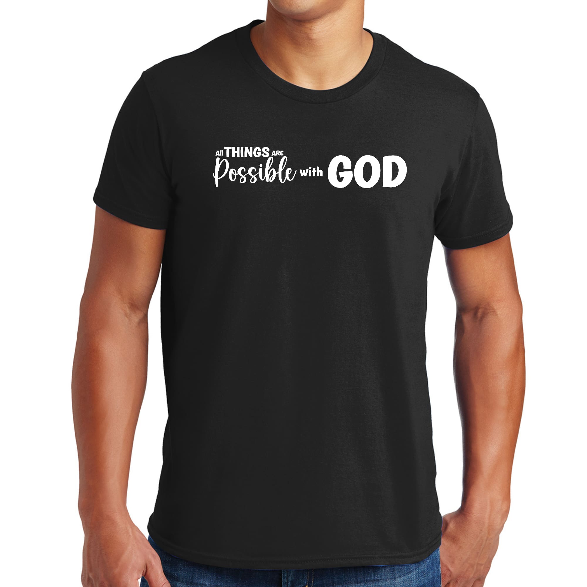 Men's black graphic T-shirt with the text 'All Things Are Possible With God' printed on it, showcasing a classic crewneck design.