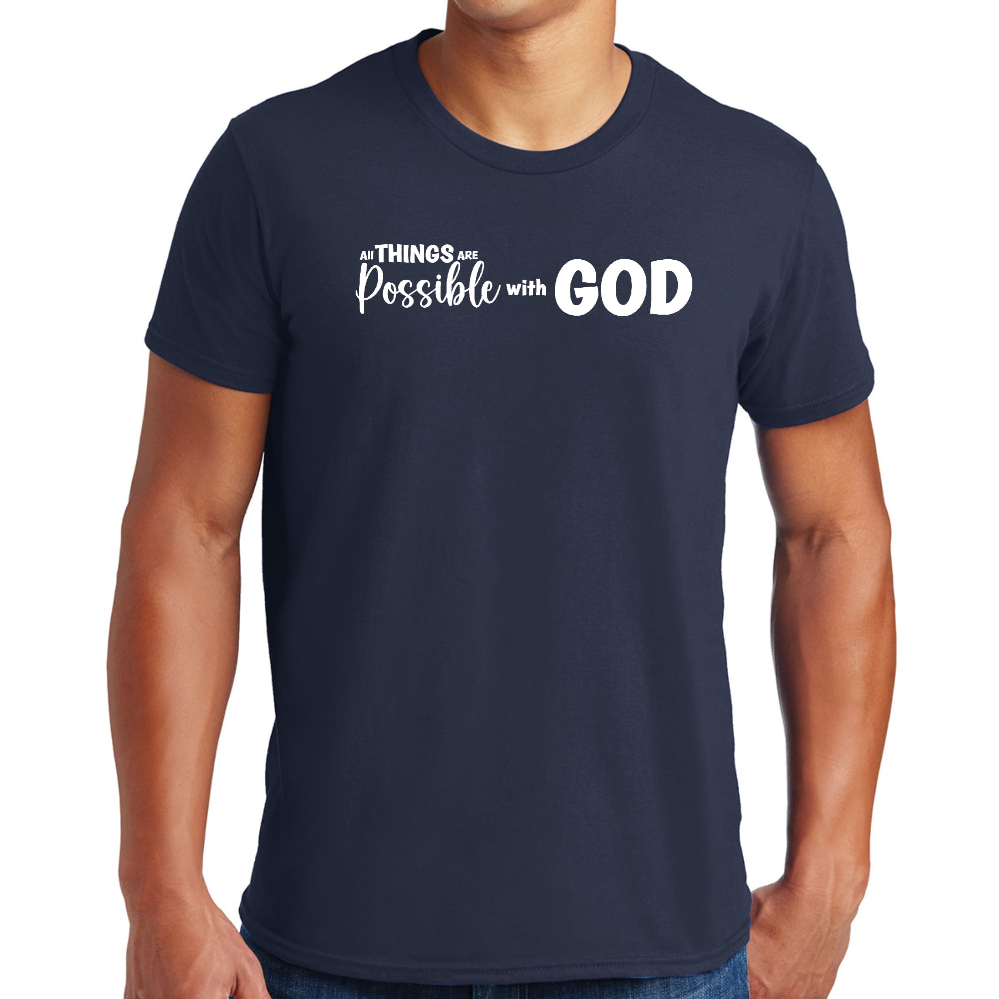 Men's black graphic T-shirt with the text 'All Things Are Possible With God' printed on it, showcasing a classic crewneck design.