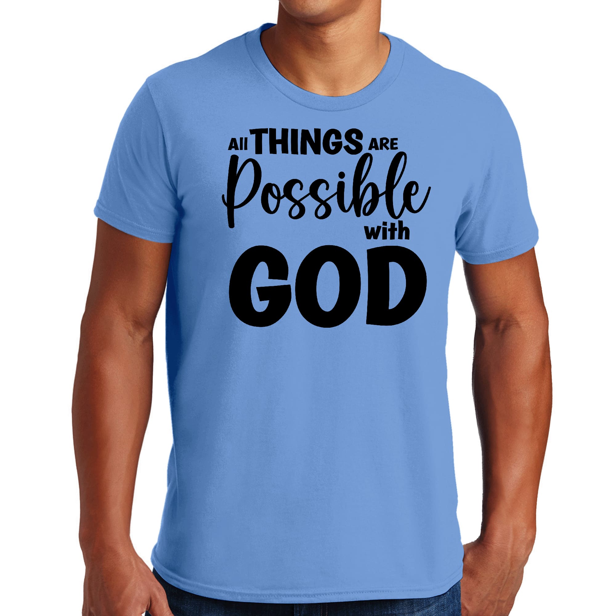 Men's black graphic t-shirt featuring the text 'All Things Are Possible with God', made from soft preshrunk cotton, available in sizes S-5XL.