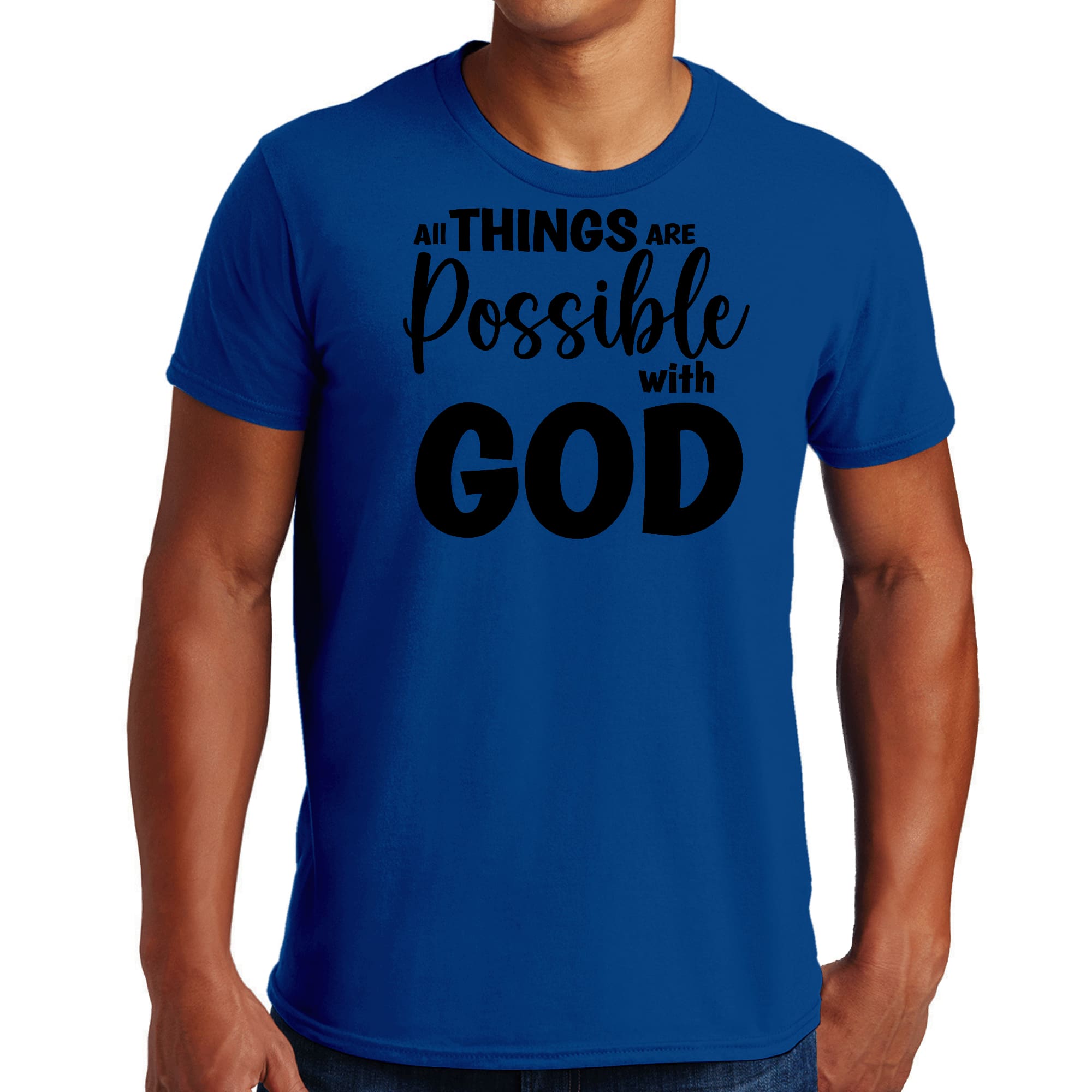 Men's black graphic t-shirt featuring the text 'All Things Are Possible with God', made from soft preshrunk cotton, available in sizes S-5XL.