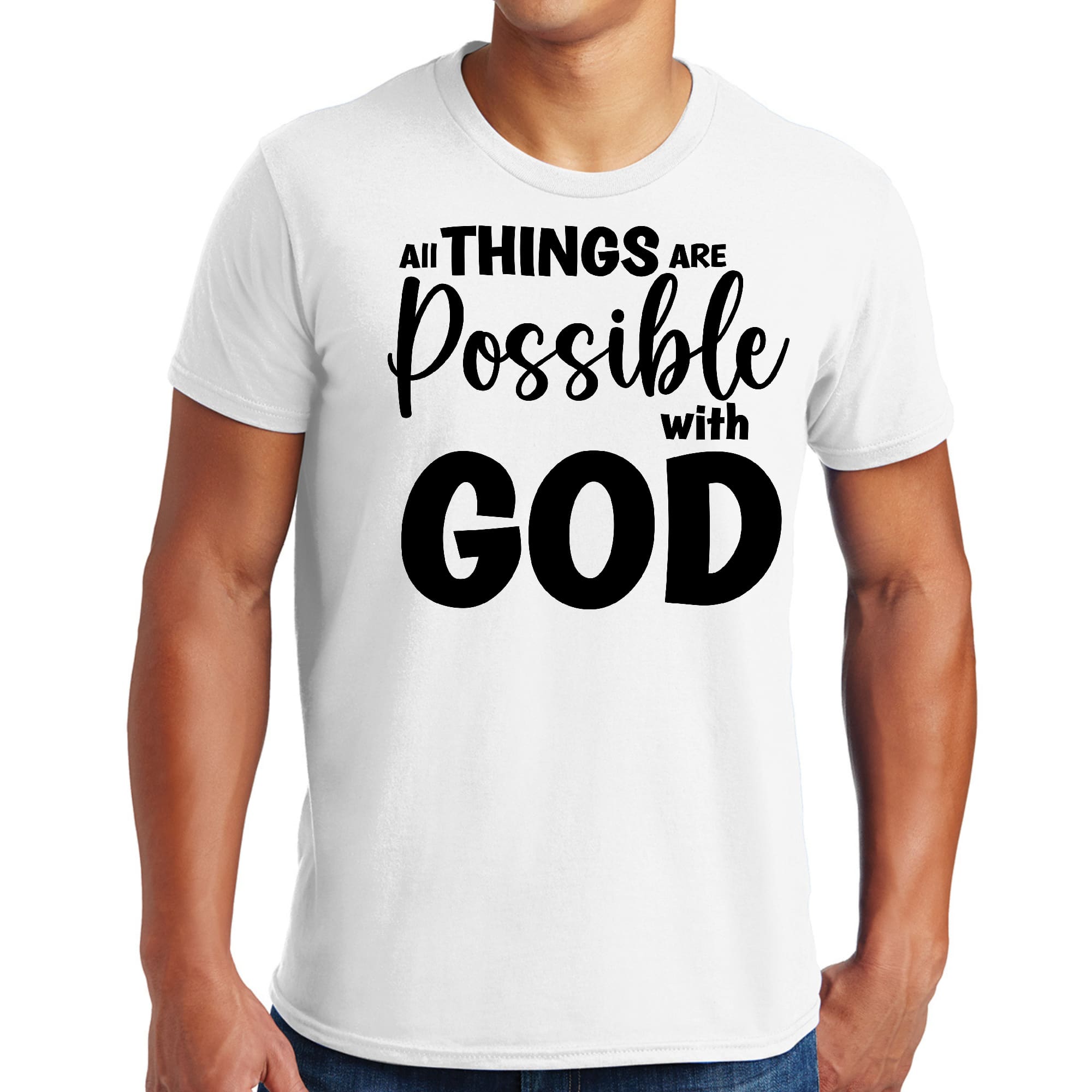 Men's black graphic t-shirt featuring the text 'All Things Are Possible with God', made from soft preshrunk cotton, available in sizes S-5XL.