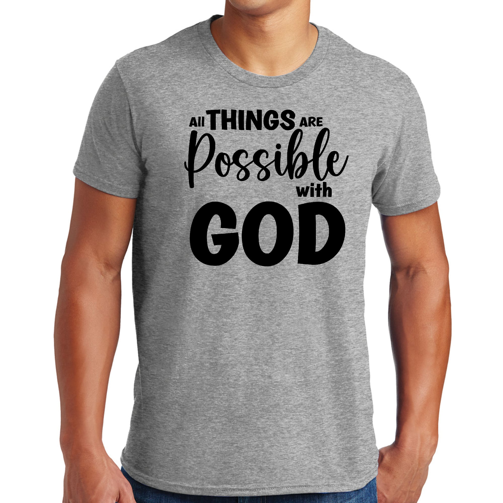 Men's black graphic t-shirt featuring the text 'All Things Are Possible with God', made from soft preshrunk cotton, available in sizes S-5XL.