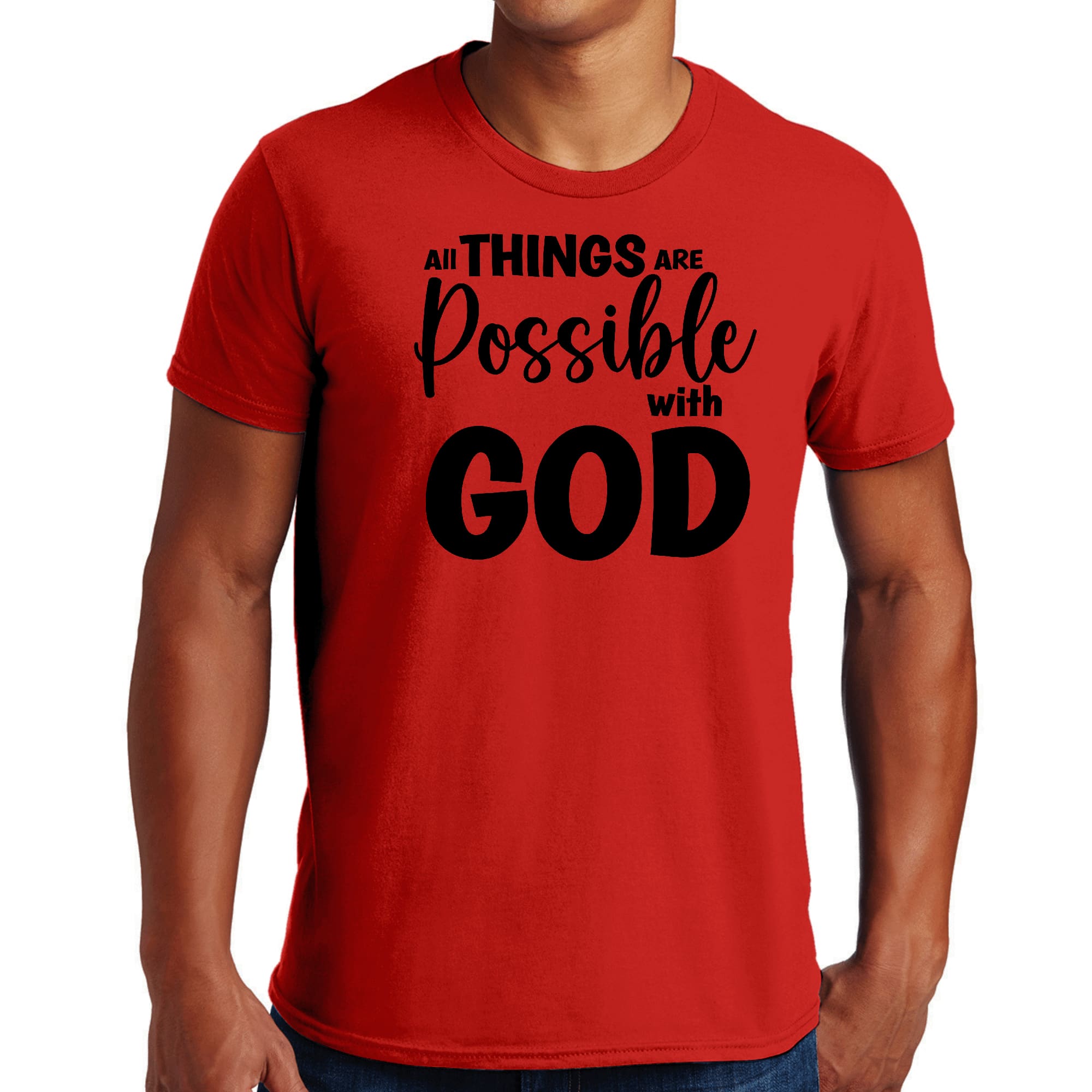 Men's black graphic t-shirt featuring the text 'All Things Are Possible with God', made from soft preshrunk cotton, available in sizes S-5XL.