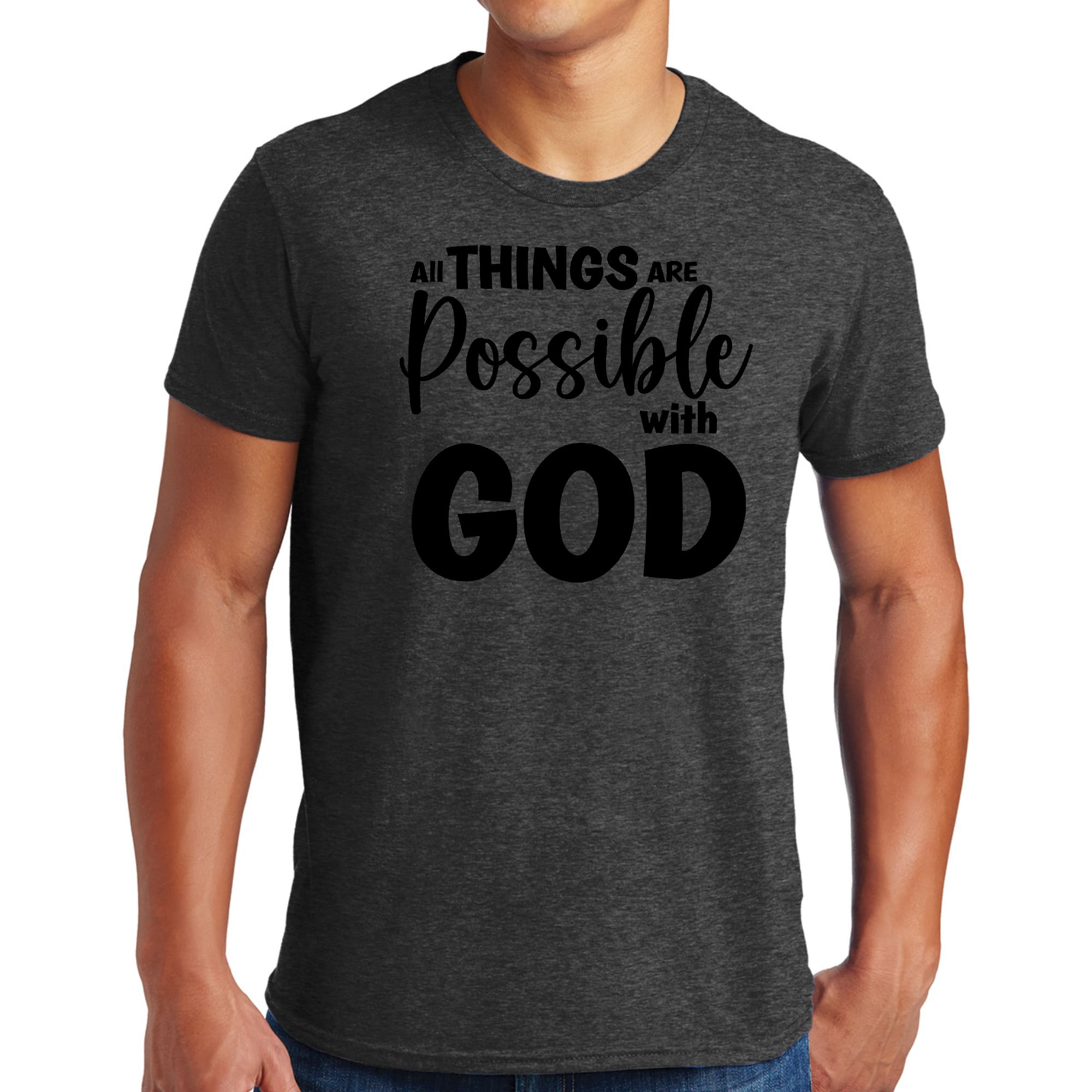 Men's black graphic t-shirt featuring the text 'All Things Are Possible with God', made from soft preshrunk cotton, available in sizes S-5XL.