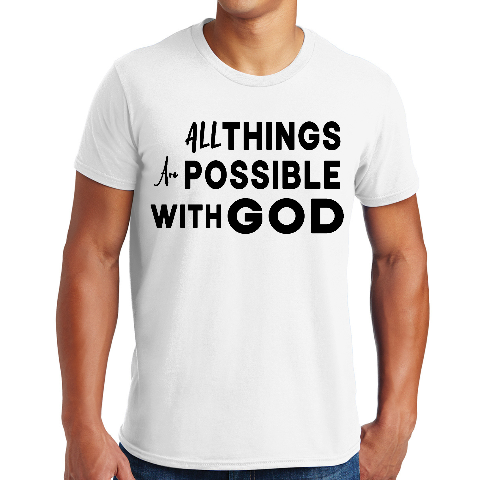 Men's black graphic t-shirt featuring the phrase 'All Things are Possible with God', made from soft preshrunk cotton.