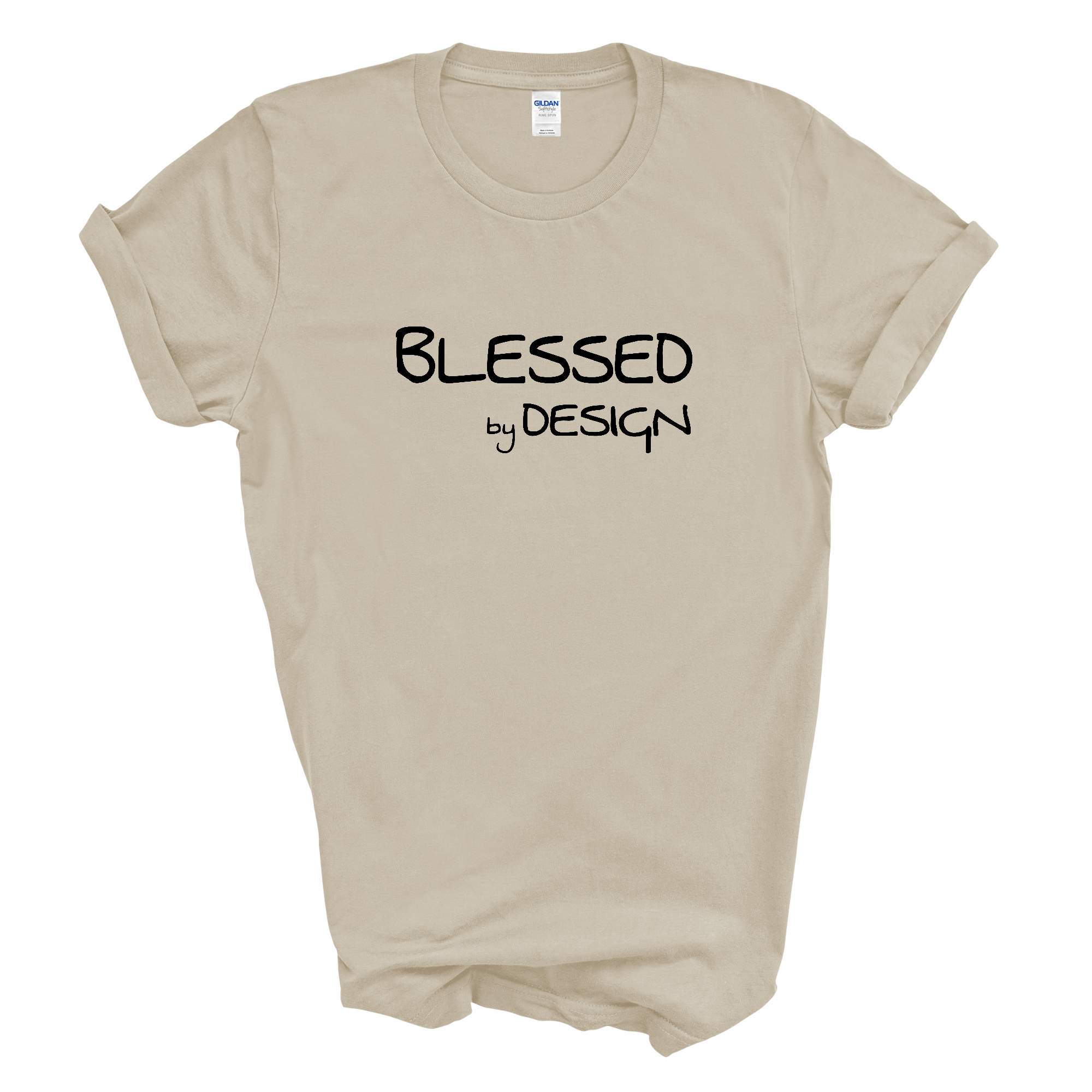 Mens Graphic T-shirt Blessed by Design featuring an inspirational affirmation, made from soft preshrunk cotton, available in black.