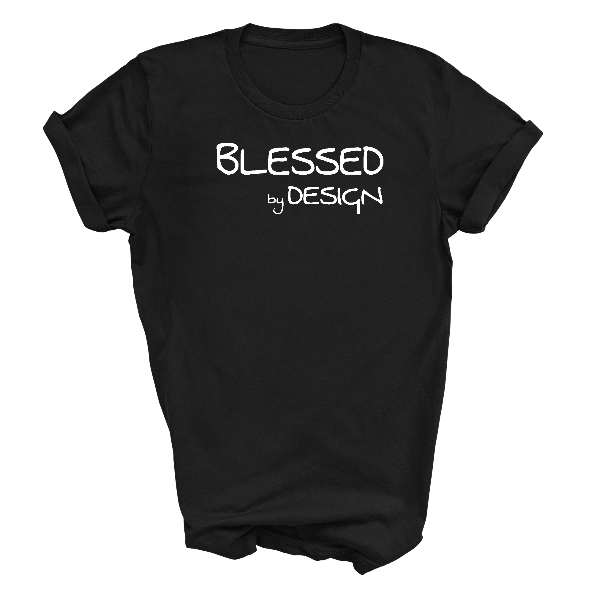Mens Graphic T-shirt Blessed by Design featuring an inspirational affirmation, made from soft preshrunk cotton, available in sizes S-5XL.