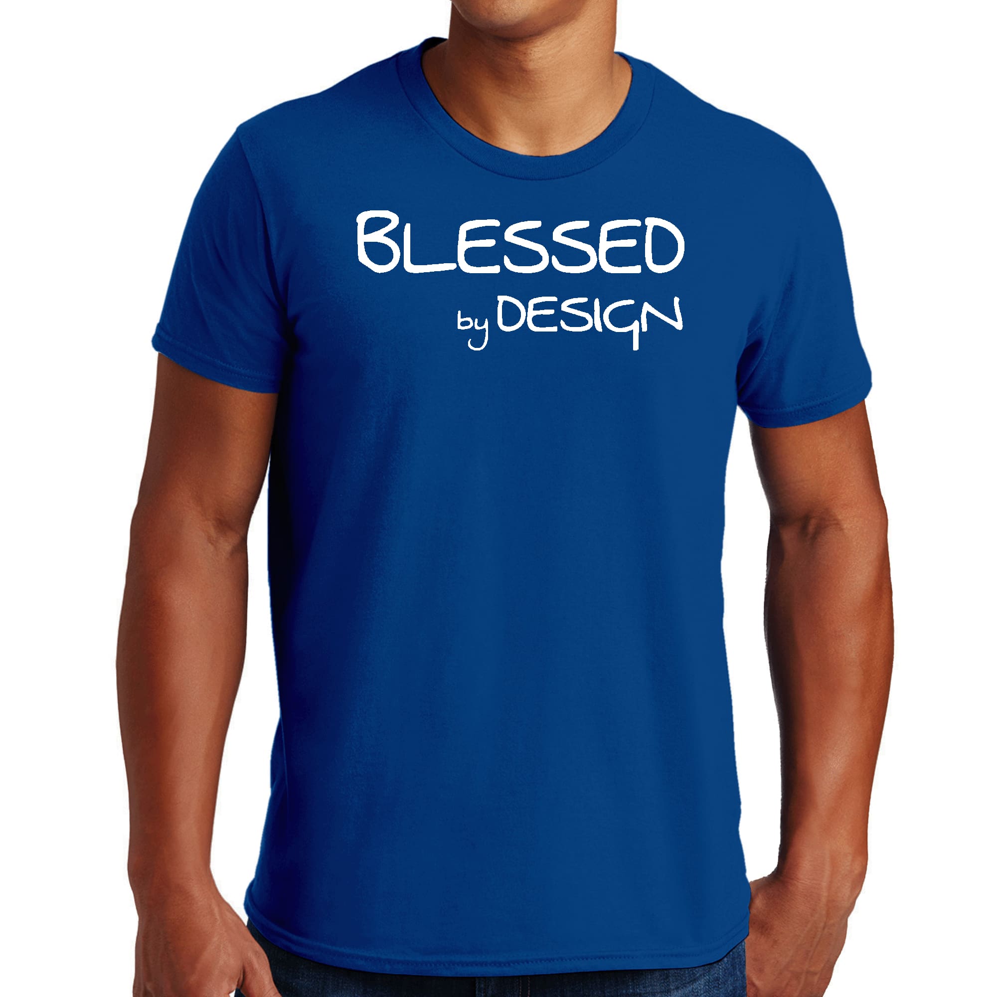 Mens Graphic T-shirt Blessed by Design featuring an inspirational affirmation, made from soft preshrunk cotton, available in sizes S-5XL.