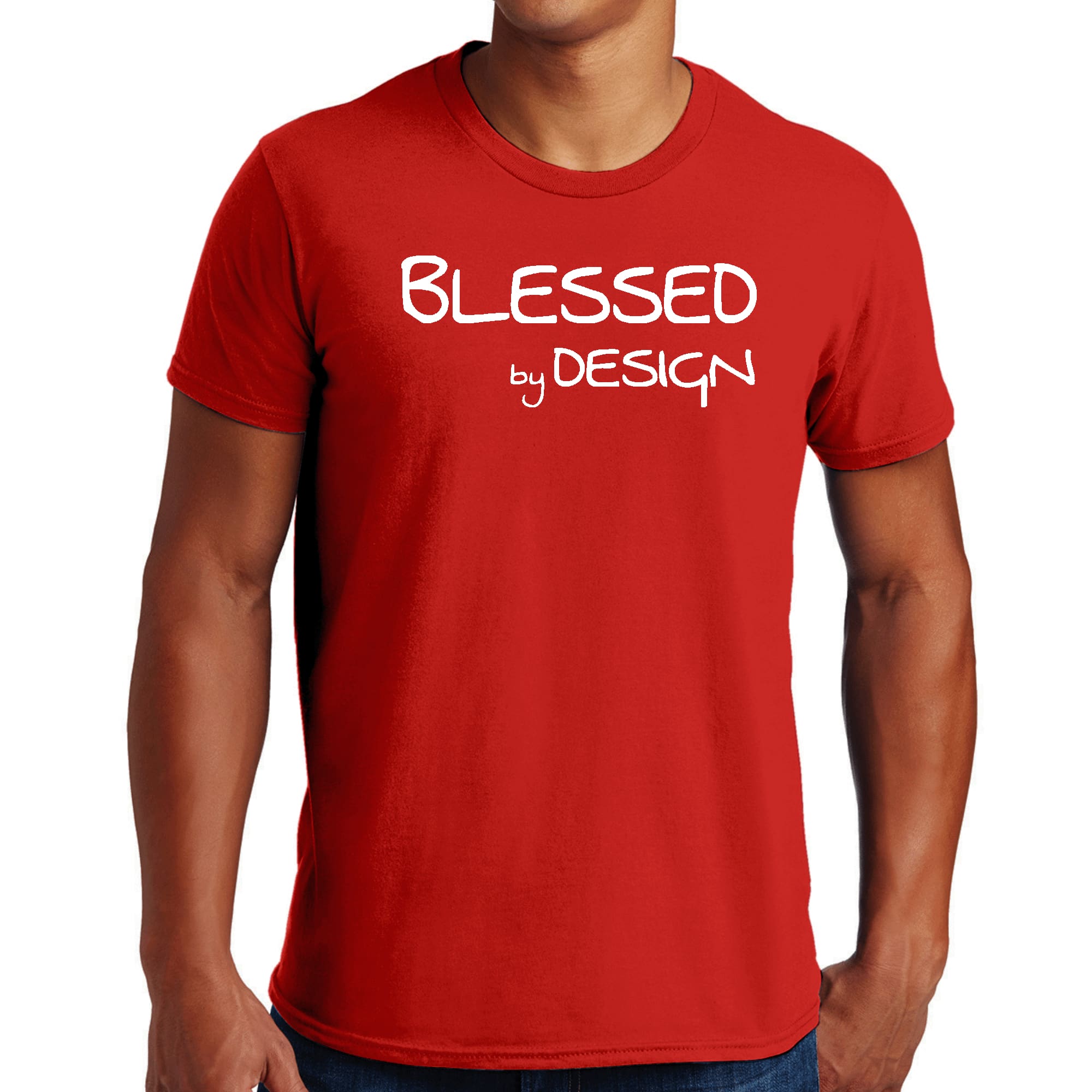 Mens Graphic T-shirt Blessed by Design featuring an inspirational affirmation, made from soft preshrunk cotton, available in sizes S-5XL.