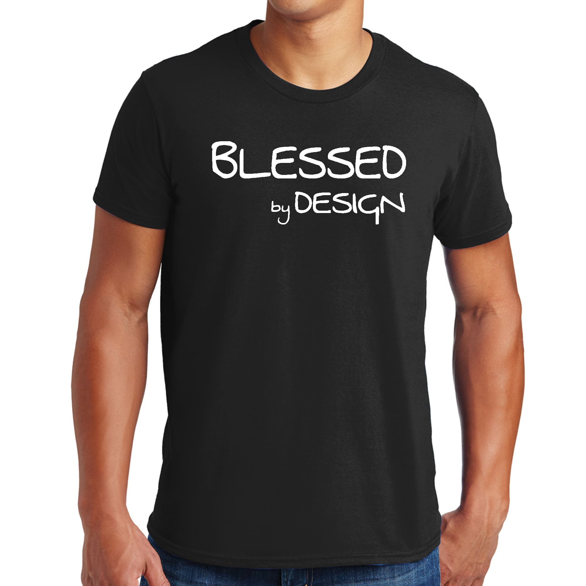 Mens Graphic T-shirt Blessed by Design featuring an inspirational affirmation, made from soft preshrunk cotton, available in sizes S-5XL.