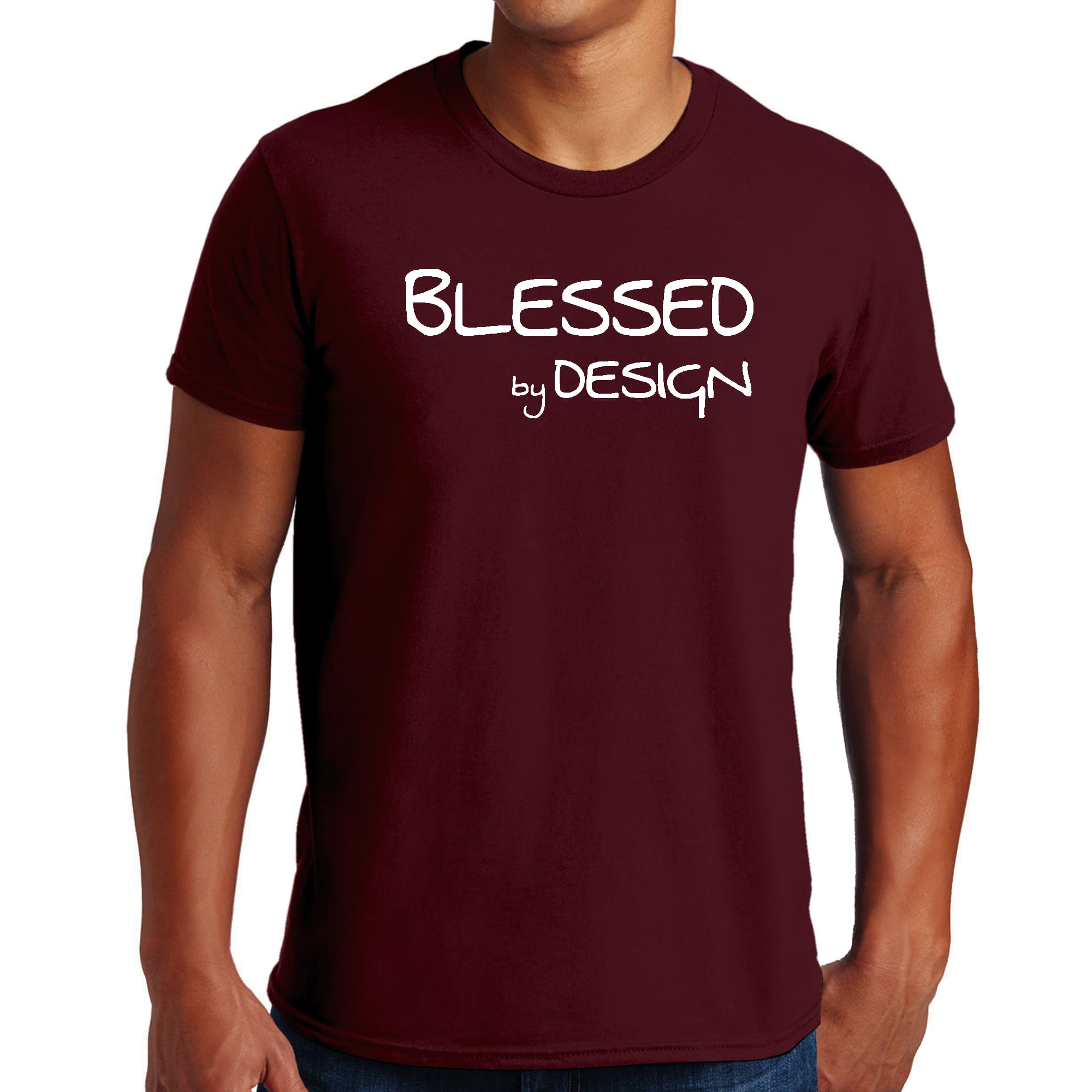 Mens Graphic T-shirt Blessed by Design featuring an inspirational affirmation, made from soft preshrunk cotton, available in sizes S-5XL.