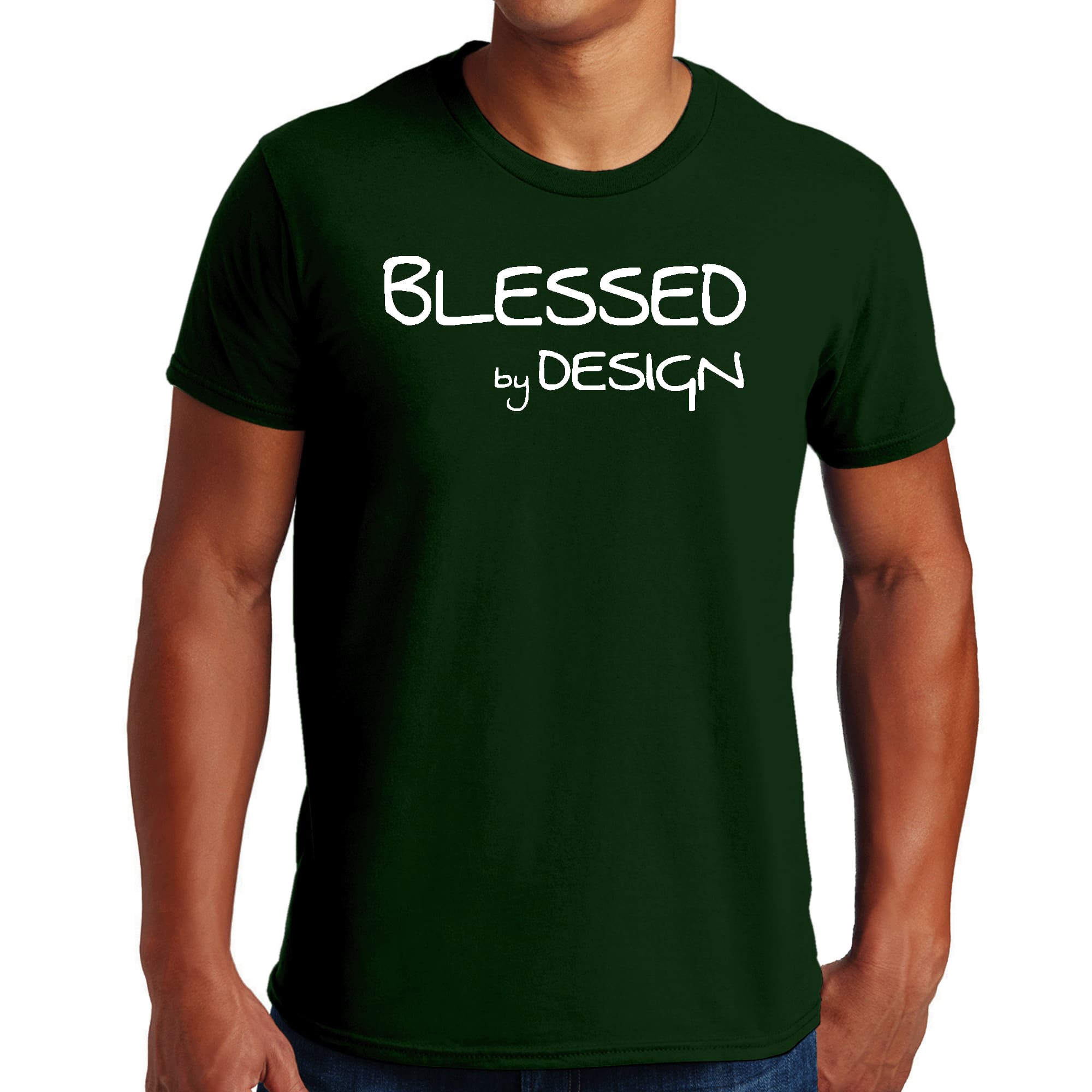 Mens Graphic T-shirt Blessed by Design featuring an inspirational affirmation, made from soft preshrunk cotton, available in sizes S-5XL.