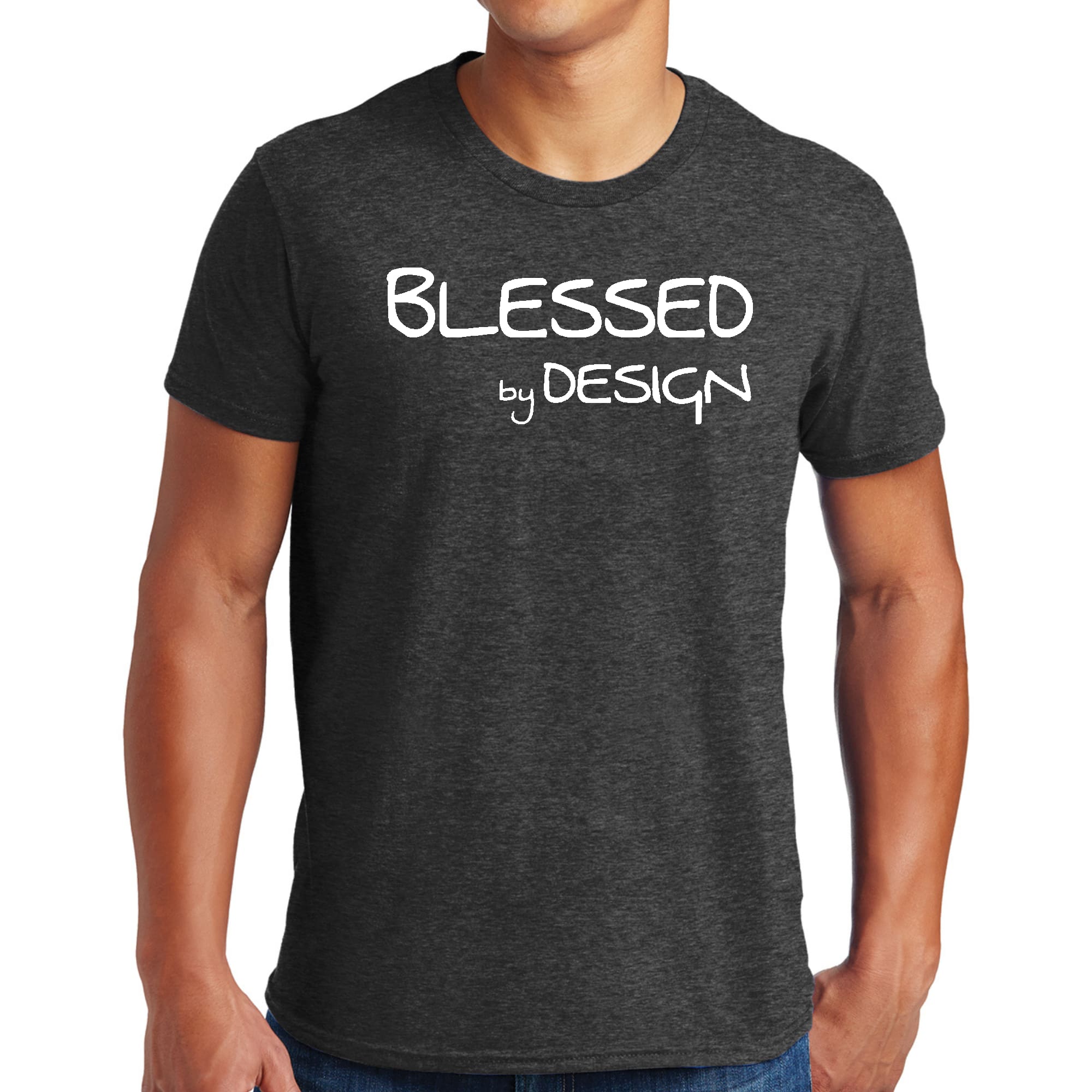 Mens Graphic T-shirt Blessed by Design featuring an inspirational affirmation, made from soft preshrunk cotton, available in sizes S-5XL.