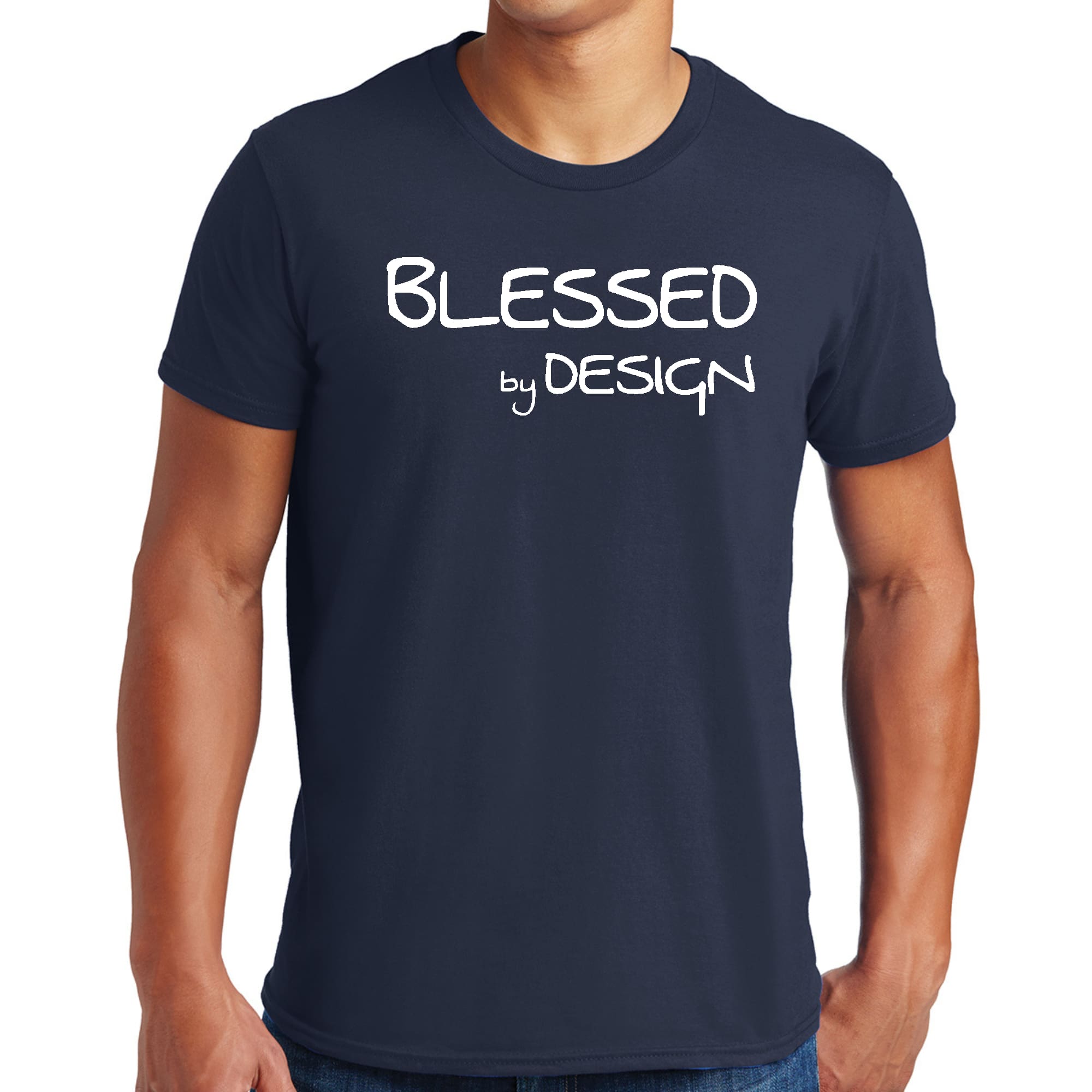 Mens Graphic T-shirt Blessed by Design featuring an inspirational affirmation, made from soft preshrunk cotton, available in sizes S-5XL.
