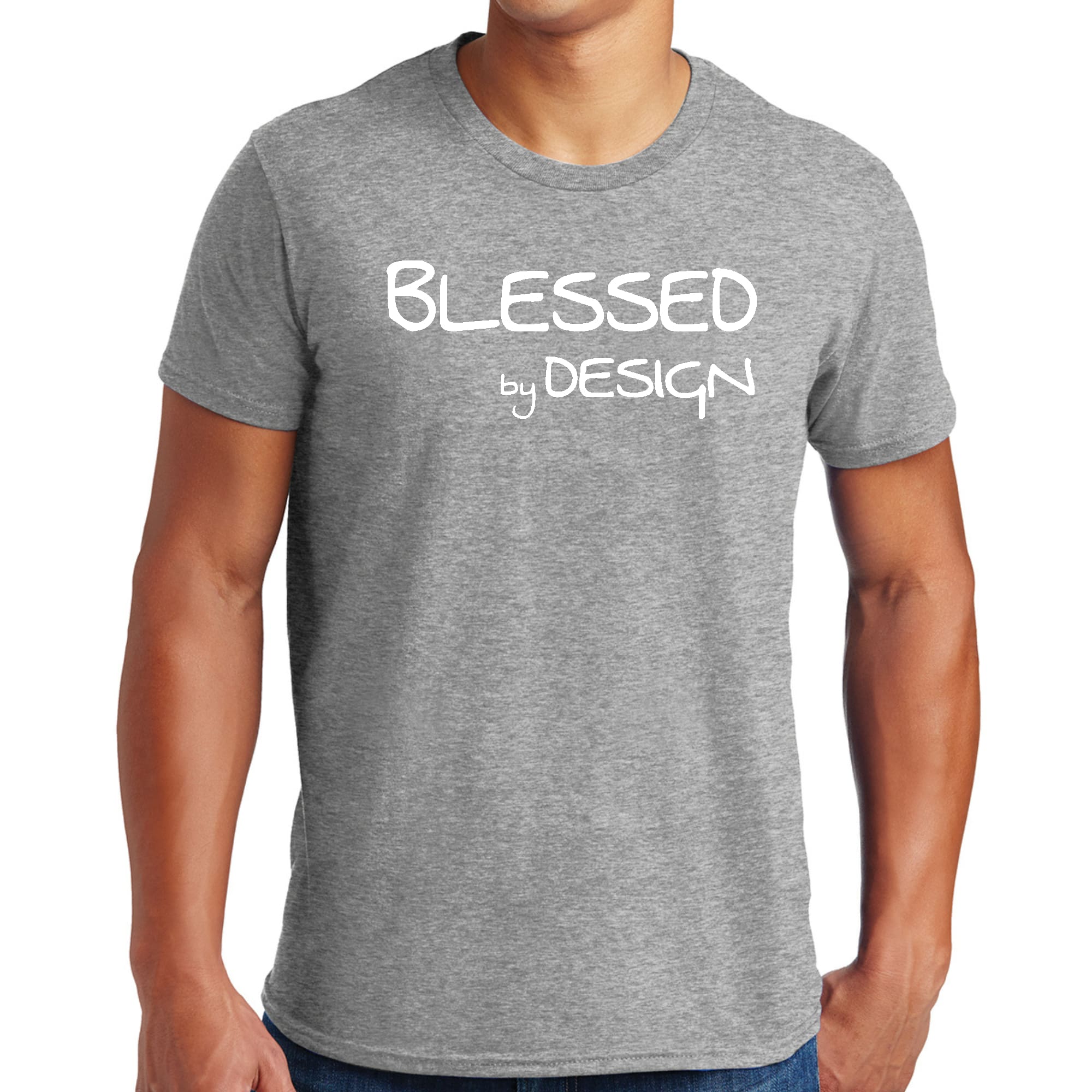 Mens Graphic T-shirt Blessed by Design featuring an inspirational affirmation, made from soft preshrunk cotton, available in sizes S-5XL.
