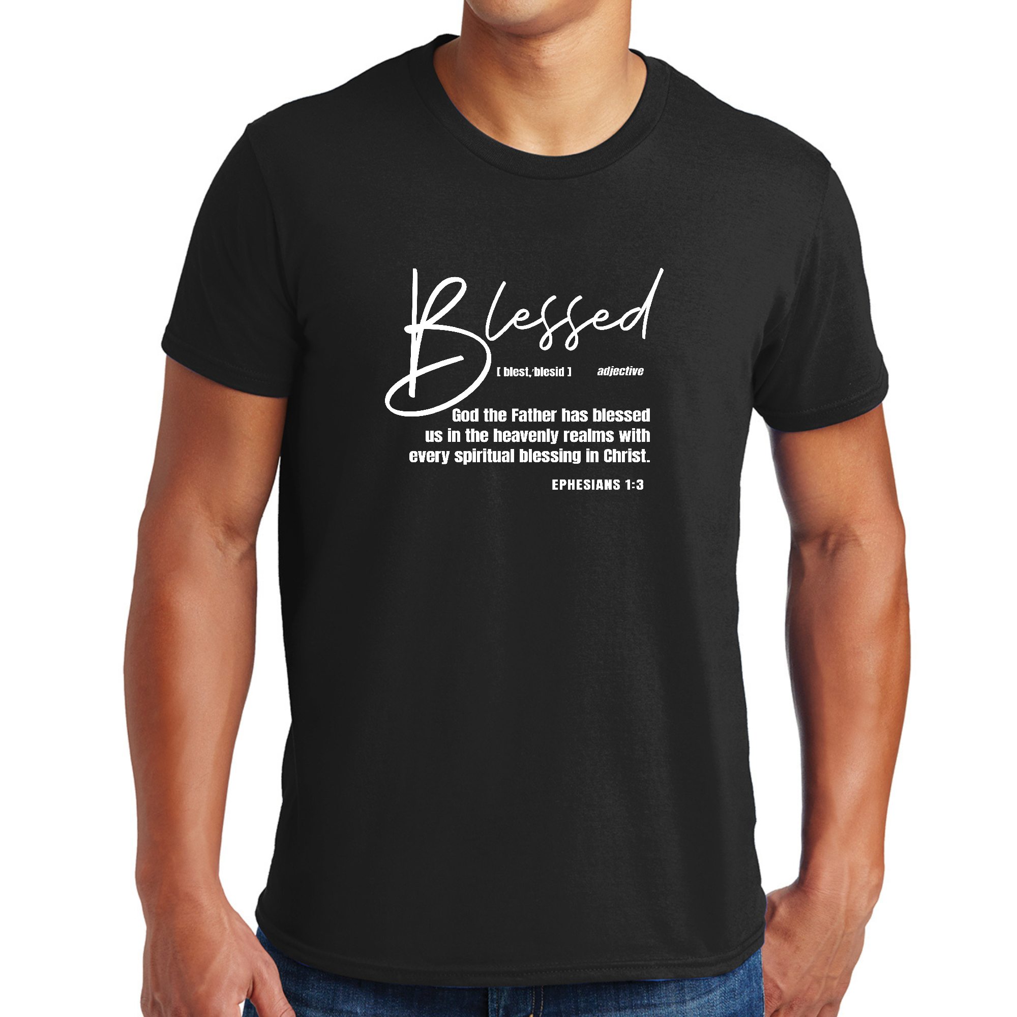 Mens Graphic T-shirt featuring the phrase 'Blessed with Every Spiritual Blessing' in a stylish design, perfect for creative individuals.