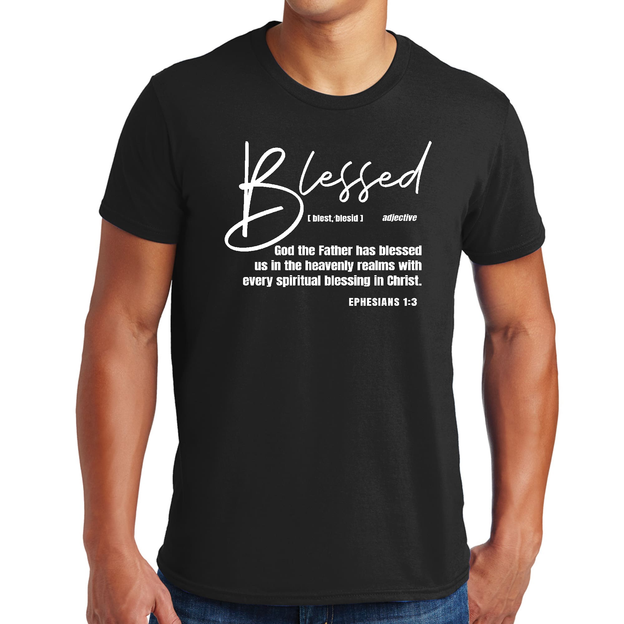 Mens Graphic T-shirt featuring the phrase 'Blessed with Every Spiritual Blessing' in a stylish design, perfect for creative individuals.