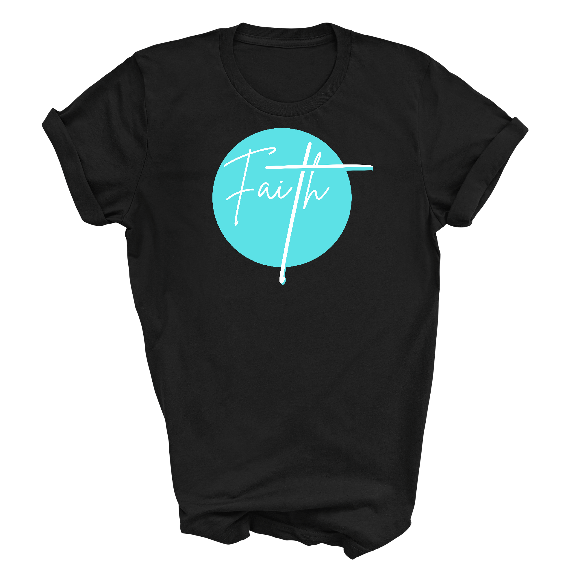 Mens Graphic T-shirt in cyan blue featuring Christian affirmation design, made from soft preshrunk cotton for comfort.