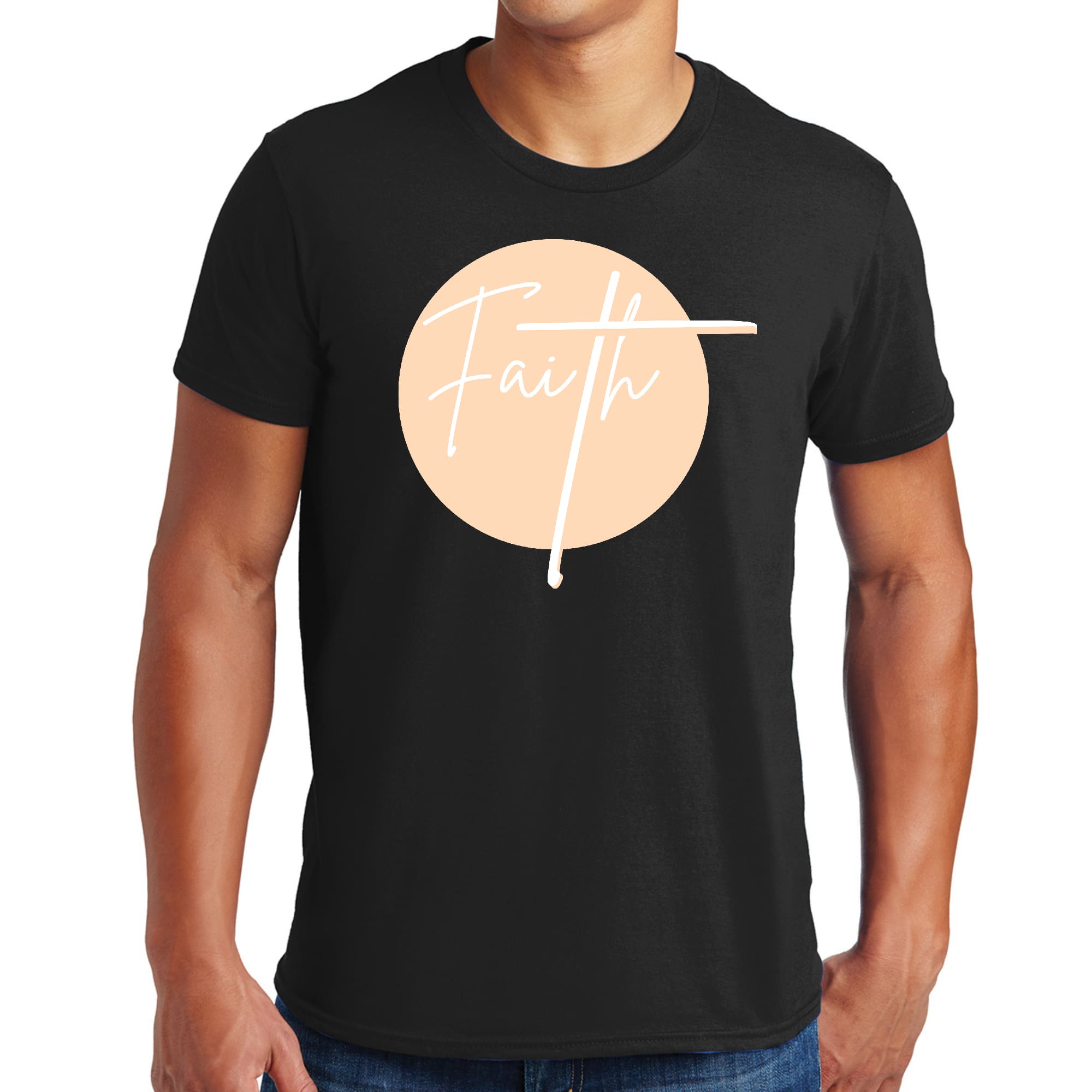 Mens Graphic T-shirt in peach and white featuring Christian affirmation design, made from soft preshrunk cotton.