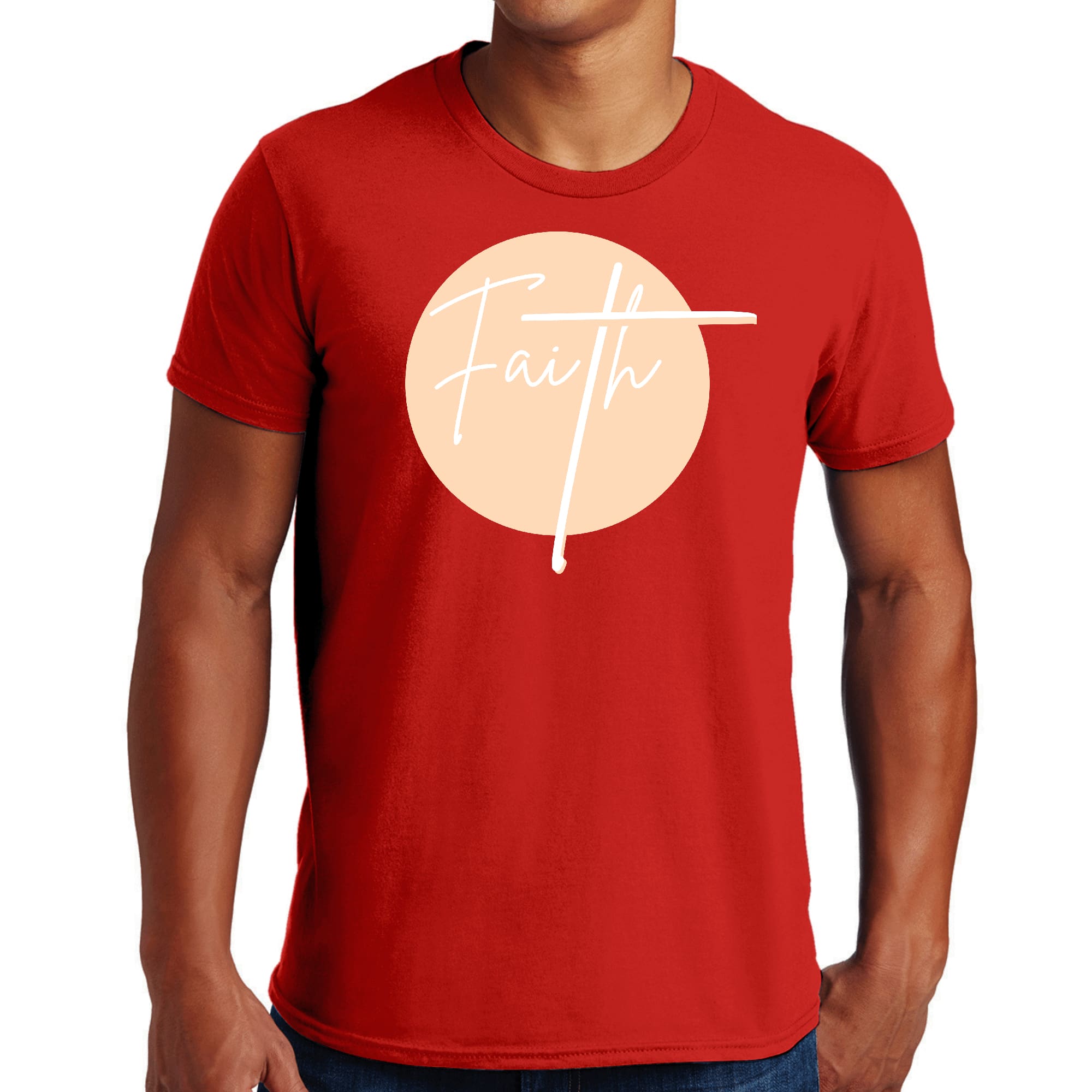 Mens Graphic T-shirt in peach and white featuring Christian affirmation design, made from soft preshrunk cotton.