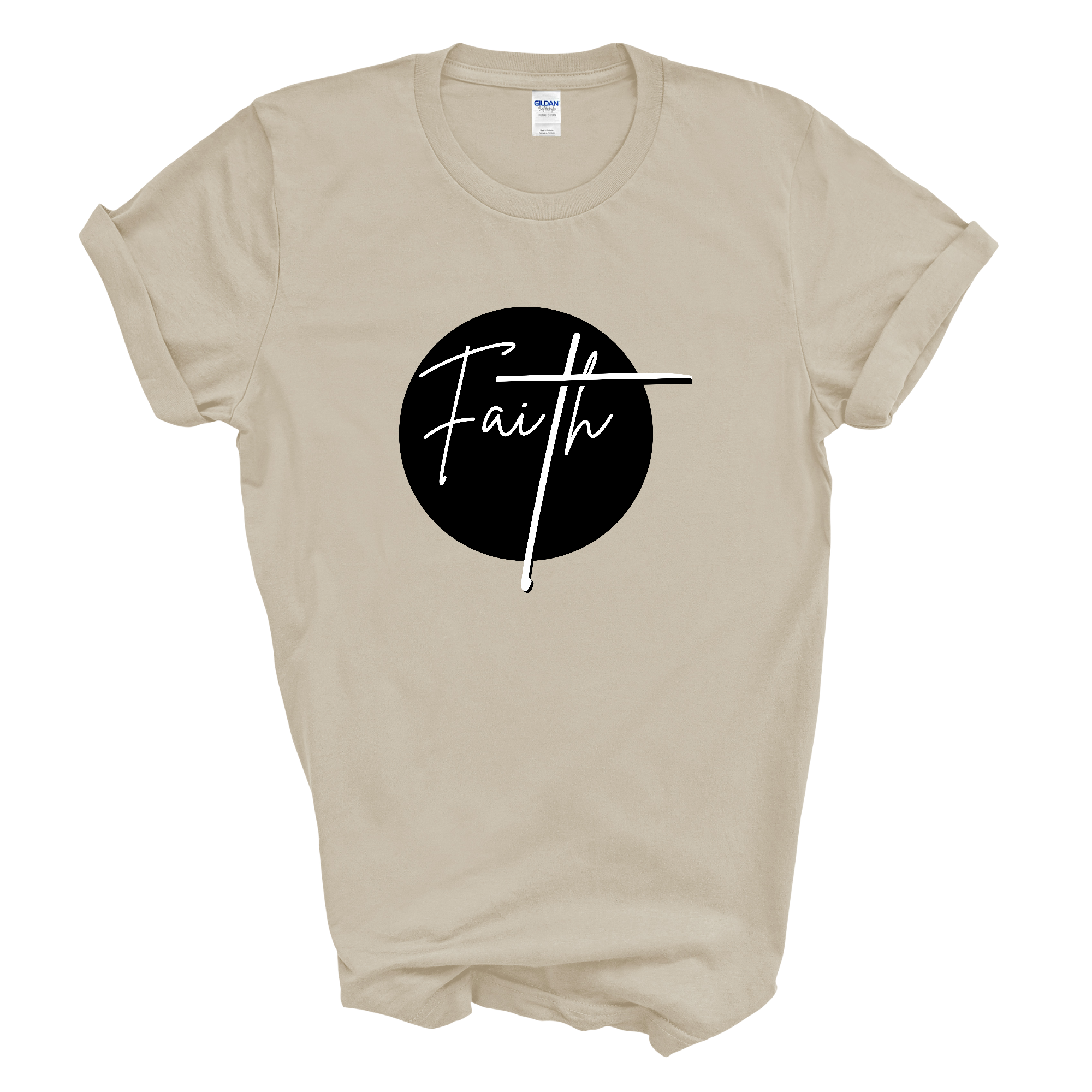 Men's black graphic t-shirt featuring a white Faith print, made from soft preshrunk cotton, showcasing a classic crewneck design.