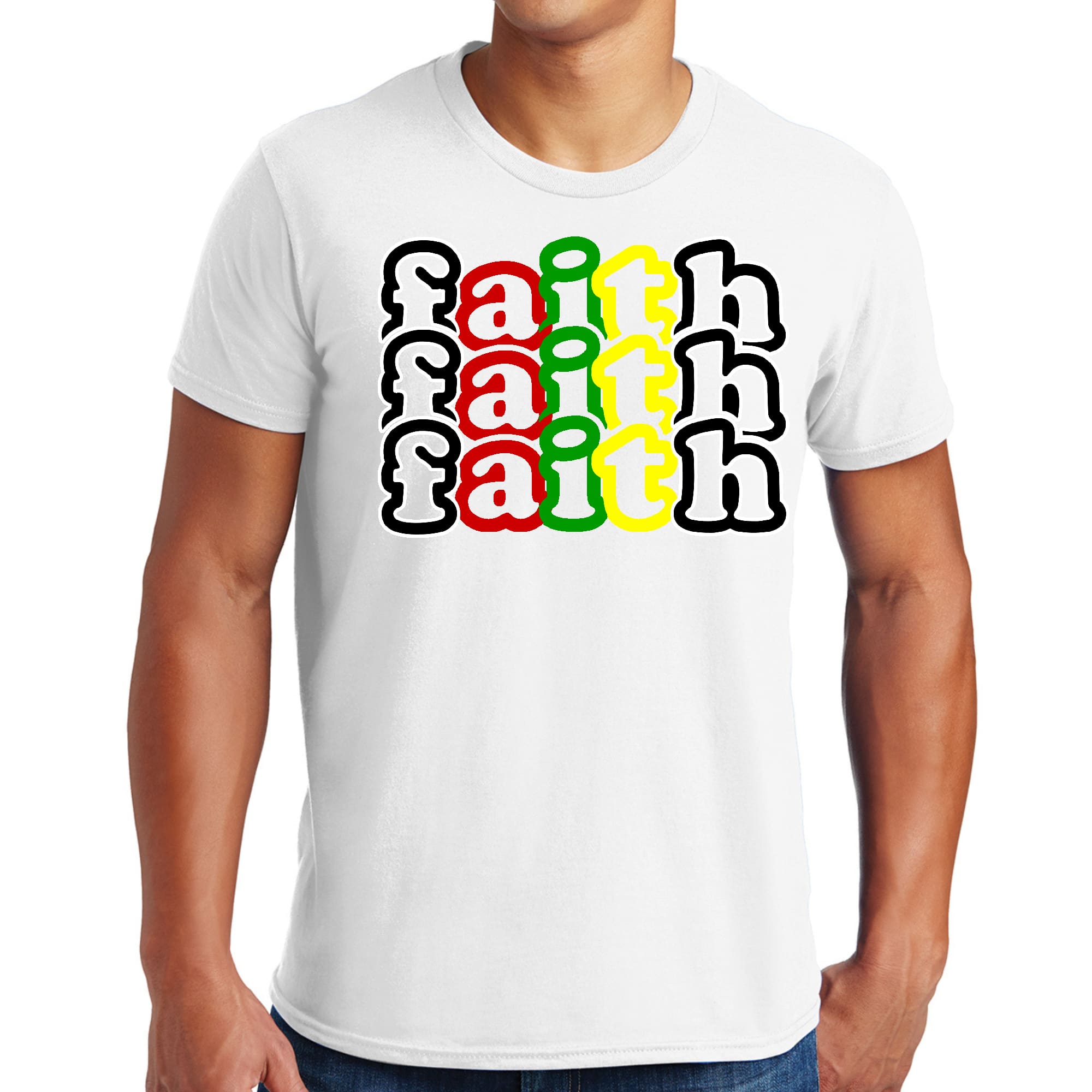 Men's Graphic T-shirt featuring a multicolor Faith Stack illustration on a black background, showcasing Christian inspiration.