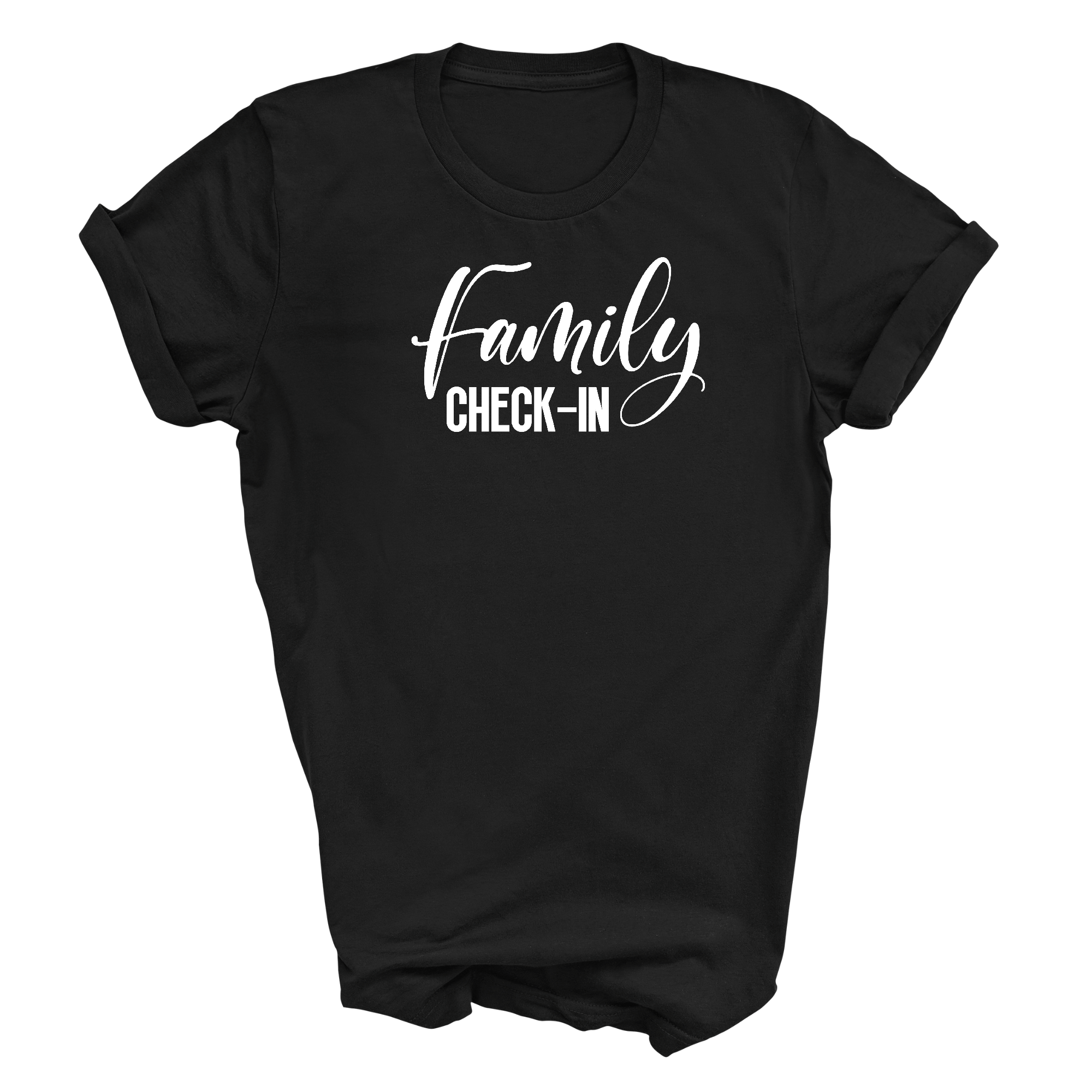 Men's Graphic T-shirt in black featuring a Family Check-in illustration, made from soft preshrunk cotton, available in sizes S-5XL.