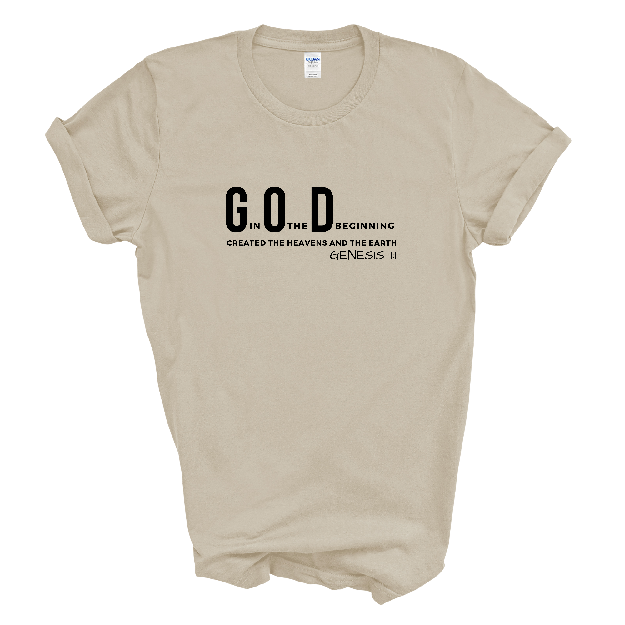 Men's black graphic t-shirt featuring 'God in the Beginning Created The Heavens And The Earth' print, made from soft preshrunk cotton.