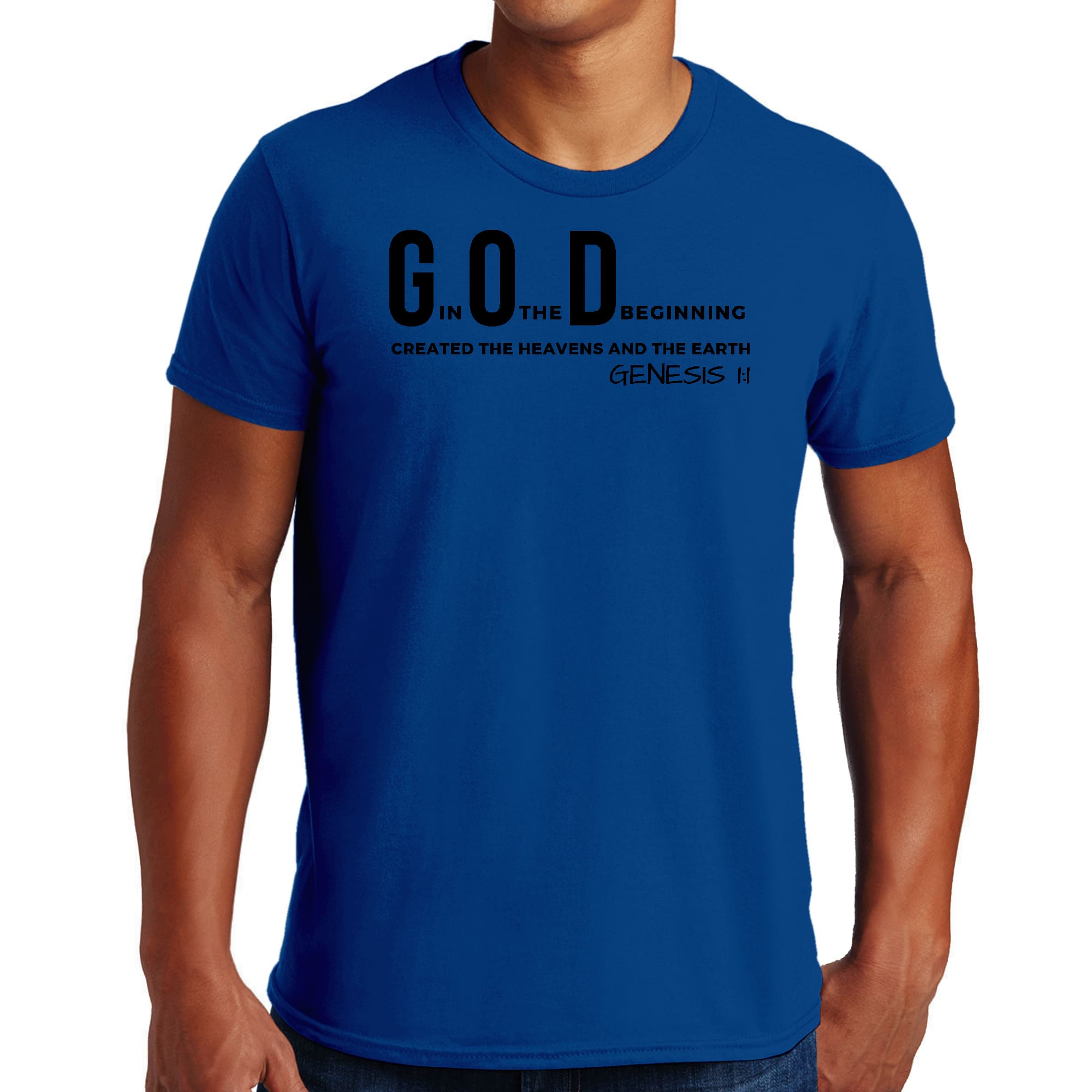 Men's black graphic t-shirt featuring 'God in the Beginning Created The Heavens And The Earth' print, made from soft preshrunk cotton.